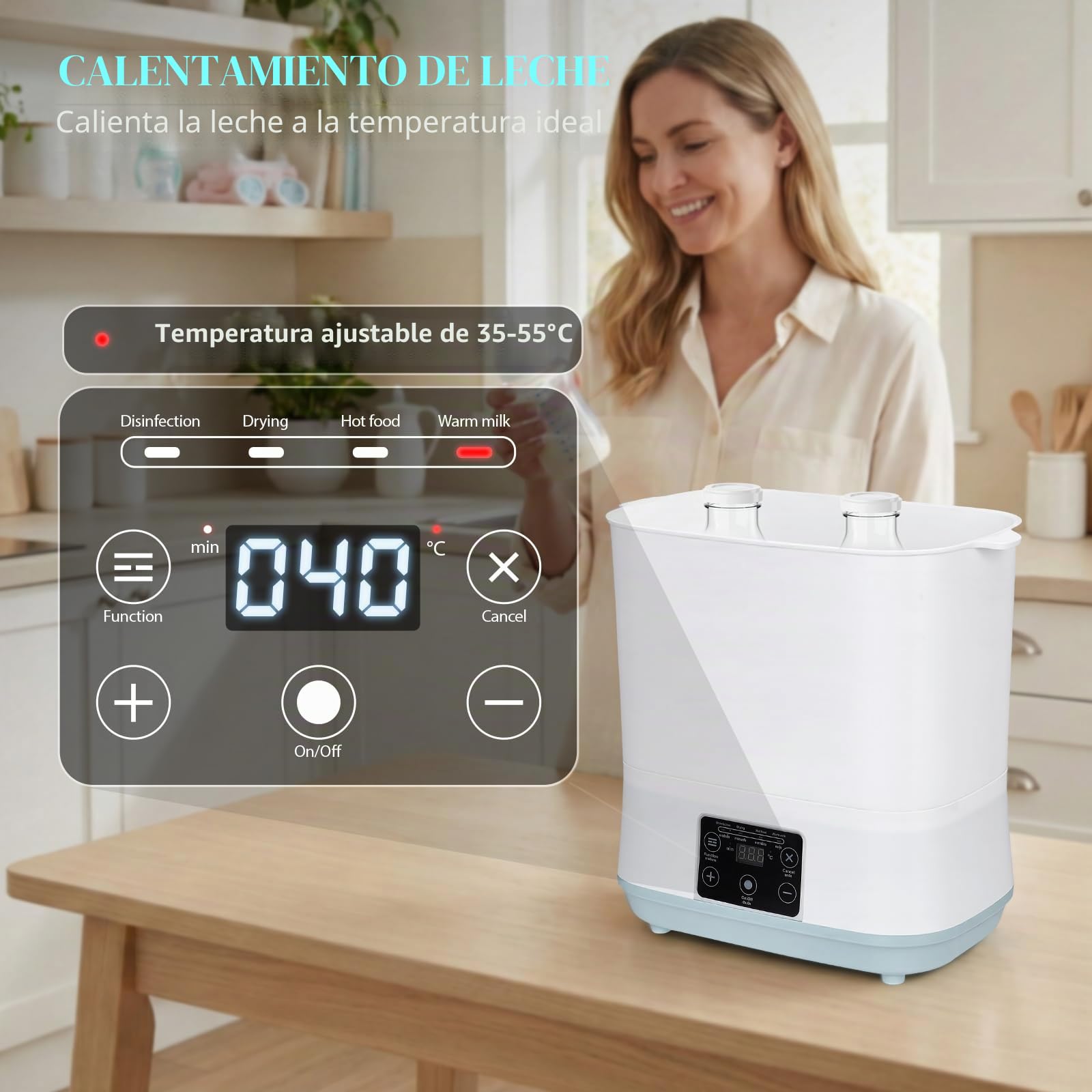 Esterilizador de vapor 5 en 1 con función de secado: esterilizador y secadora para 6 biberones, con calor de leche (35-55 °C), calentamiento de alimentos y juego completo de accesorios, ahorra espacio