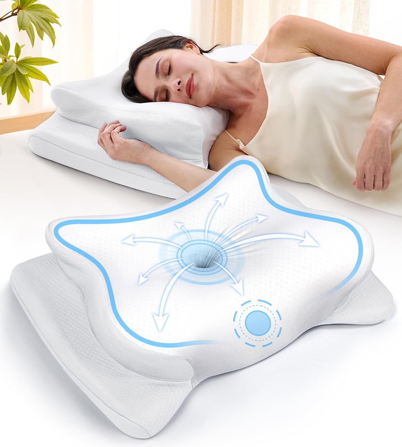 Cervical Neck Pillow for Pain Relief, Beauty Sleeping Cooling Pillow for Side Back Stomach Sleeper, Odorless Memory Foam Bed Pillows Deep Sleep,Ergonomic Orthopedic Neck Support White