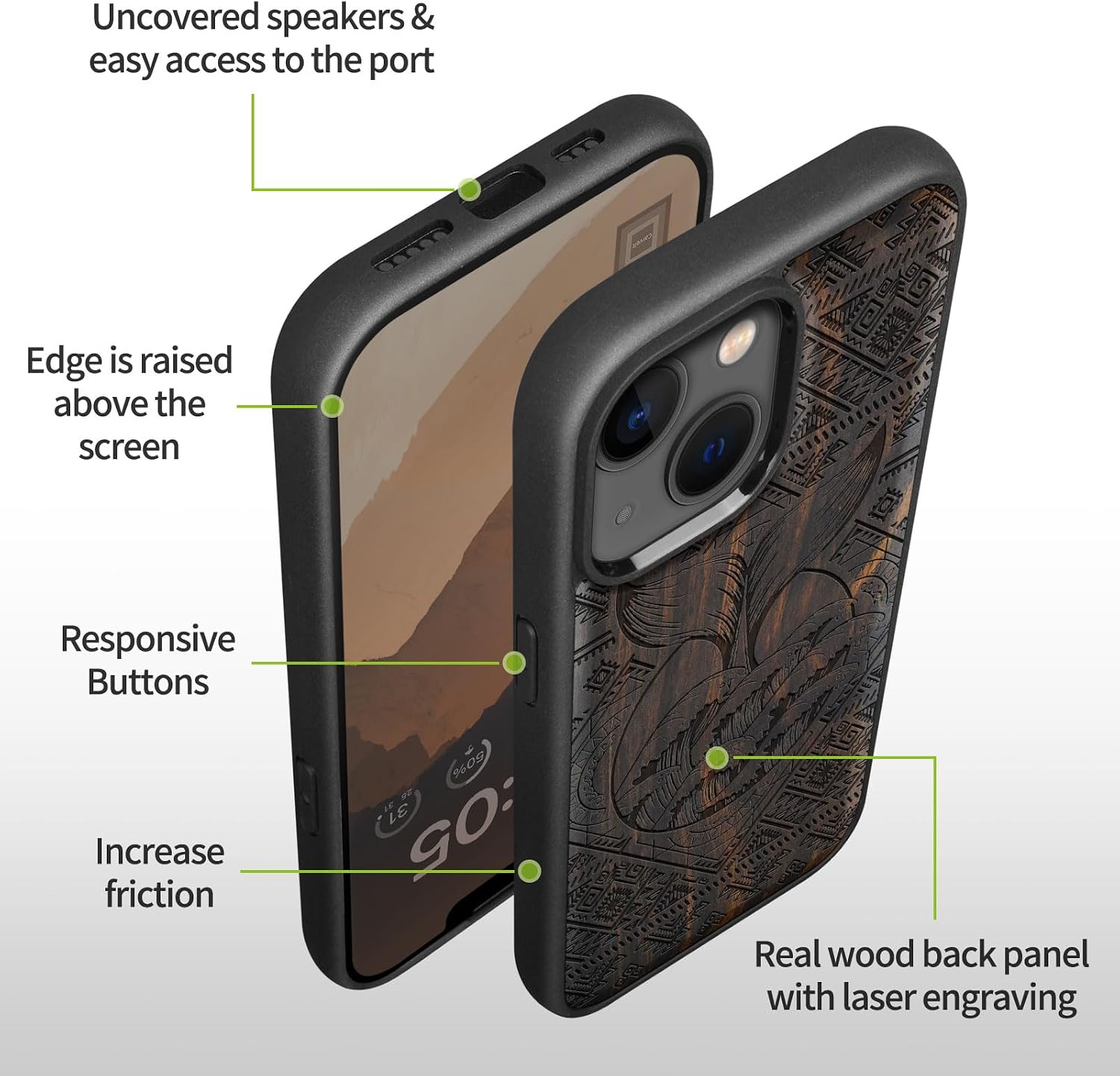 Carveit Magnetic Wood Case for iPhone 14 Case [Natural Wood & Black Soft TPU] Shockproof Protective Cover Unique Wooden Case Compatible with magsafe (Whale Tail -Blackwood)