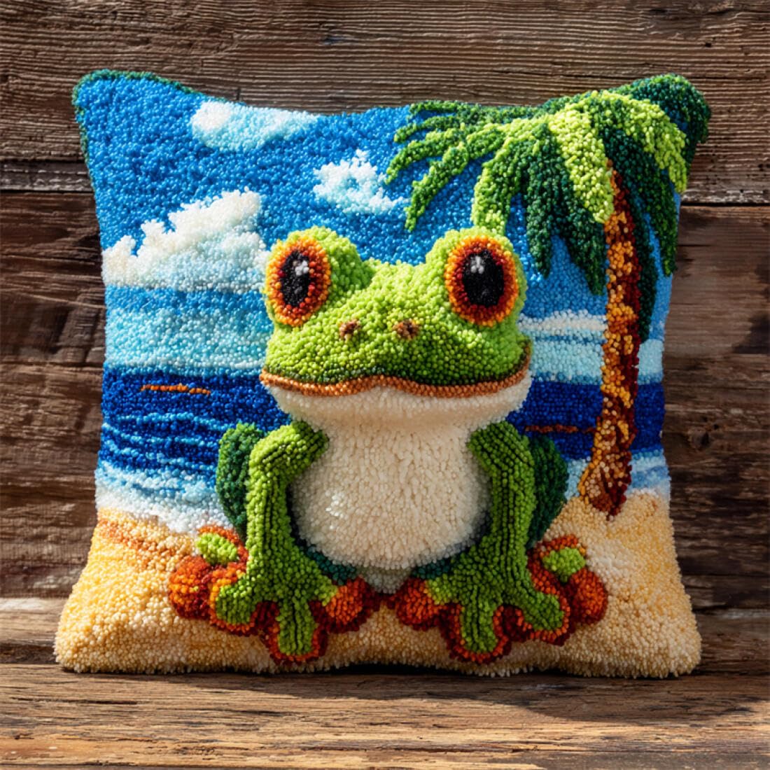 Kitquiver Animal Latch Hook Cushion Craft Kits Cartoon Frog Latch Hook Kit Pillow DIY Rug Crochet Hook Cushion Making Kits with Preprinted Pattern Canvas 17x17In