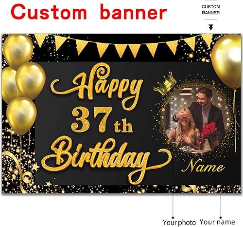 Miniatura 2 de Pancarta personalizada para decoraciones de cumpleaños de 37 años, telón de fondo para mujeres, hombres, niños y niñas, suministros de decoración de