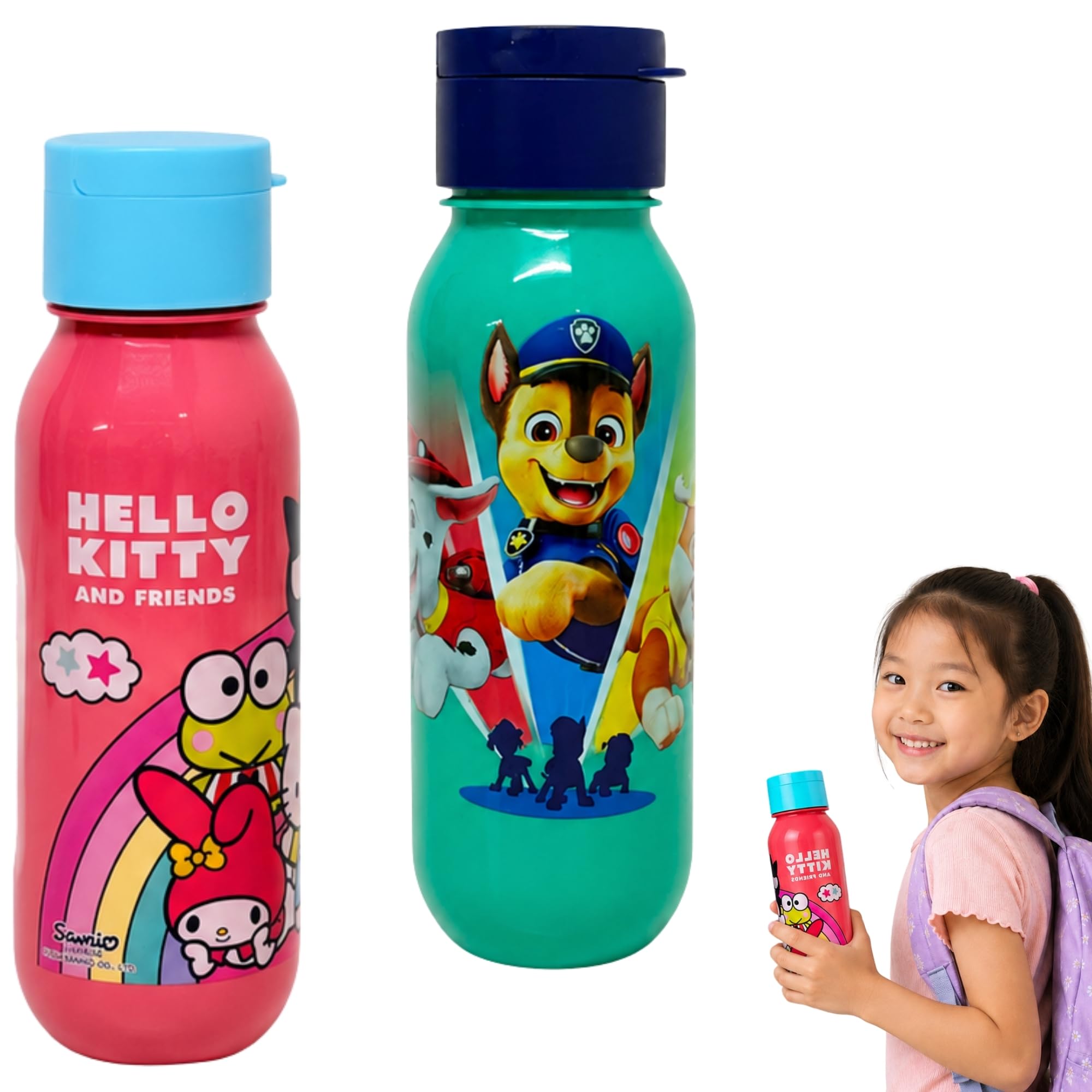 SRV Hub Hello Kitty Paw Patrol Kids Water Bottle Set 500ml BPA Free Reusable Character Drinks Bottle Pack School Travel Gift