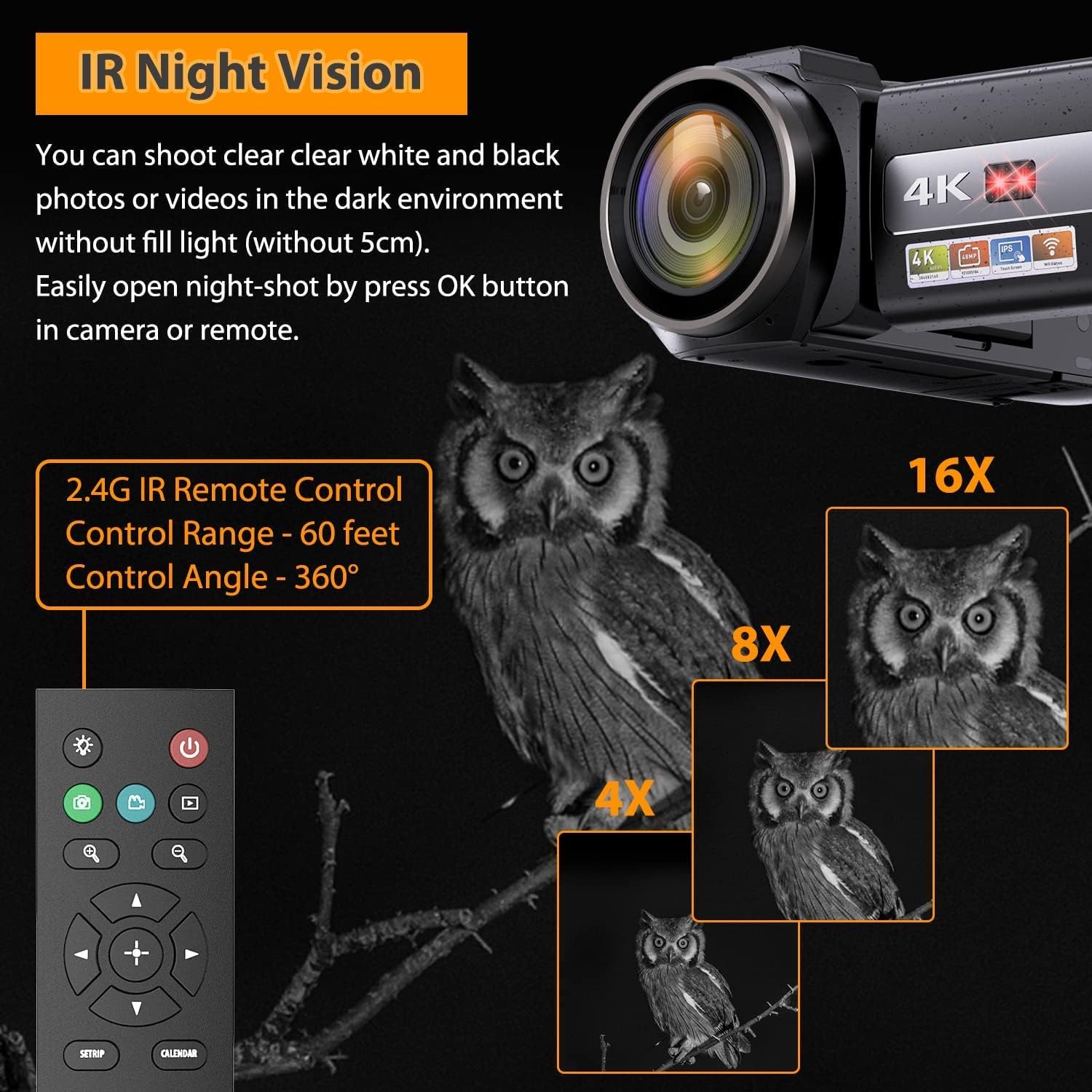 4K Camcorder Video Camera, Camera for YouTube 48MP 60FPS IR Night Vision IPS Touch Screen, WiFi Camcorder with 16X Digital Zoom, Microphone, Stabilizer, 2.4G Remote Control, 2 Batteries (black)