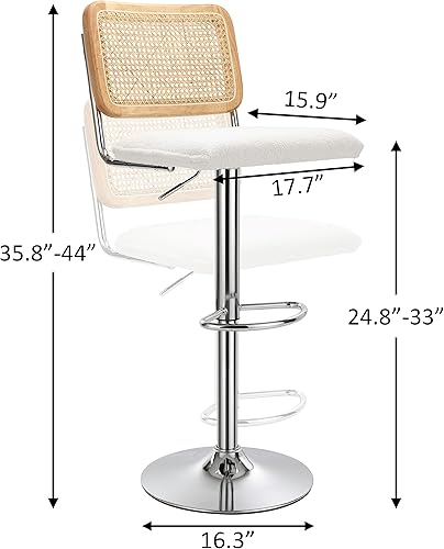 Miniatura 10 de Finnhomy Juego de 2 taburetes de bar modernos de ratán, diseño tejido natural, asiento giratorio, reposapiés y respaldo de bastón, sillas de bar