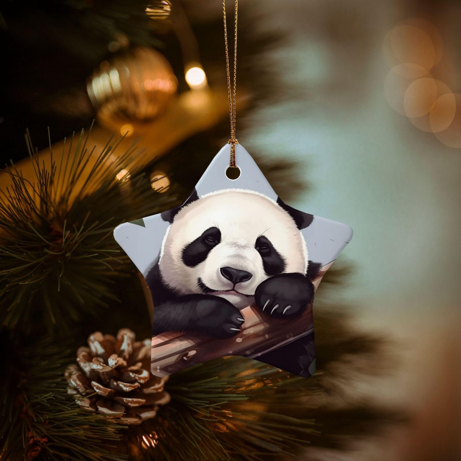 Christmas Tree Ornaments Ceramics Christmas Decorations Cute Sleeping Panda Ornaments with Gold Ribbon Porcelain Xmas Tree Crafts Star Shape Hanging Pendant for Christmas Tree Party Decor