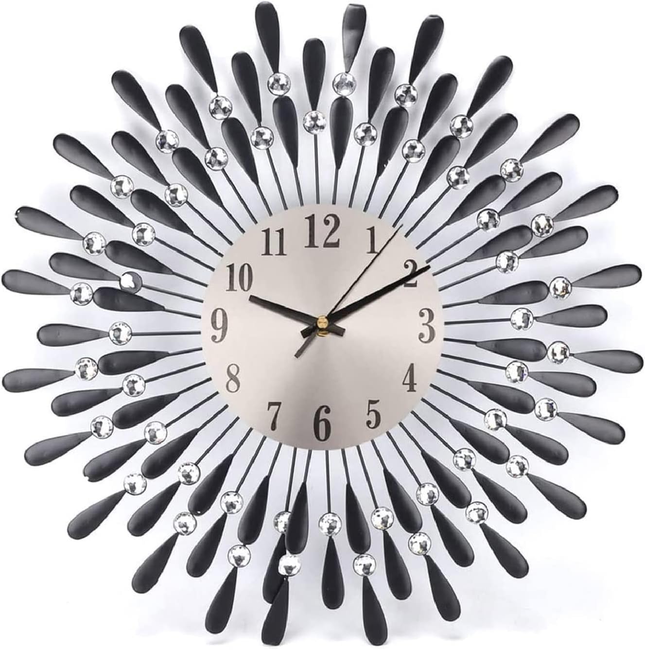 FERNVALE Modern Sunflower Wall Clock 60cm - Large Retro Metal Wall Clock with Flash Diamond Spiked Beaded Design, Silent Battery Powered, for Living Room (Golden Roman Numerals, 60cm)
