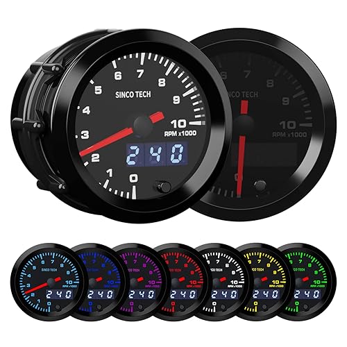 SINCO TECH Tacómetros de 2.047in para automóvil, 0-10000 RPM, puntero de pantalla digital, 7 colores, kit de medidor de tacómetros LED, 12 V,