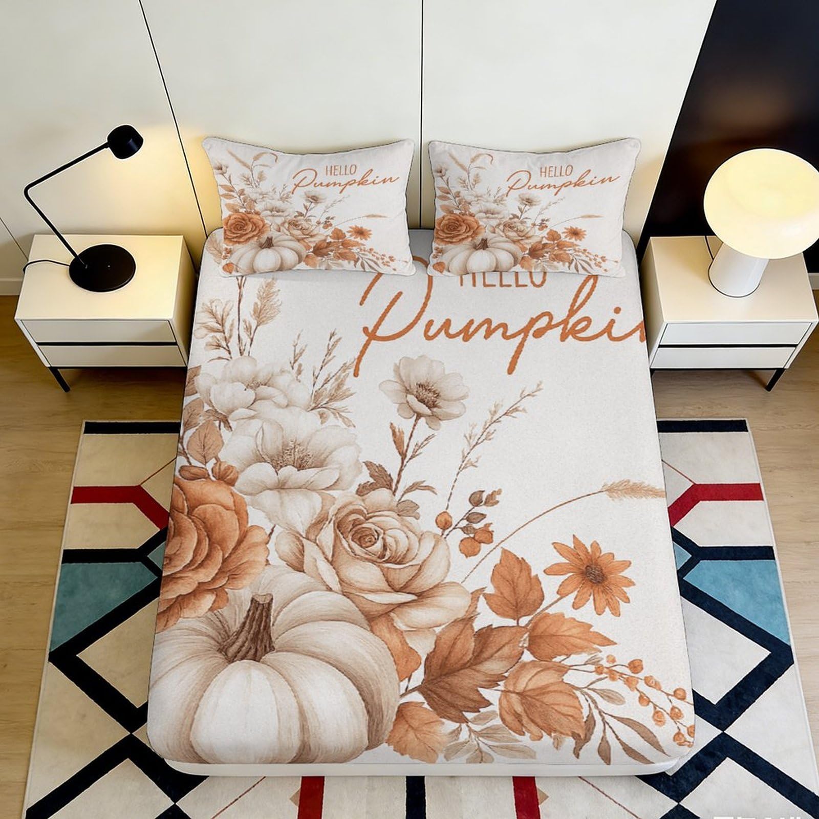 3D Printed Pumpkin Floral Fitted Sheet Microfiber Autumn Harvest Bed Cover Non Slip Easy Care for Bedroom Guestroom 90x200x25cm