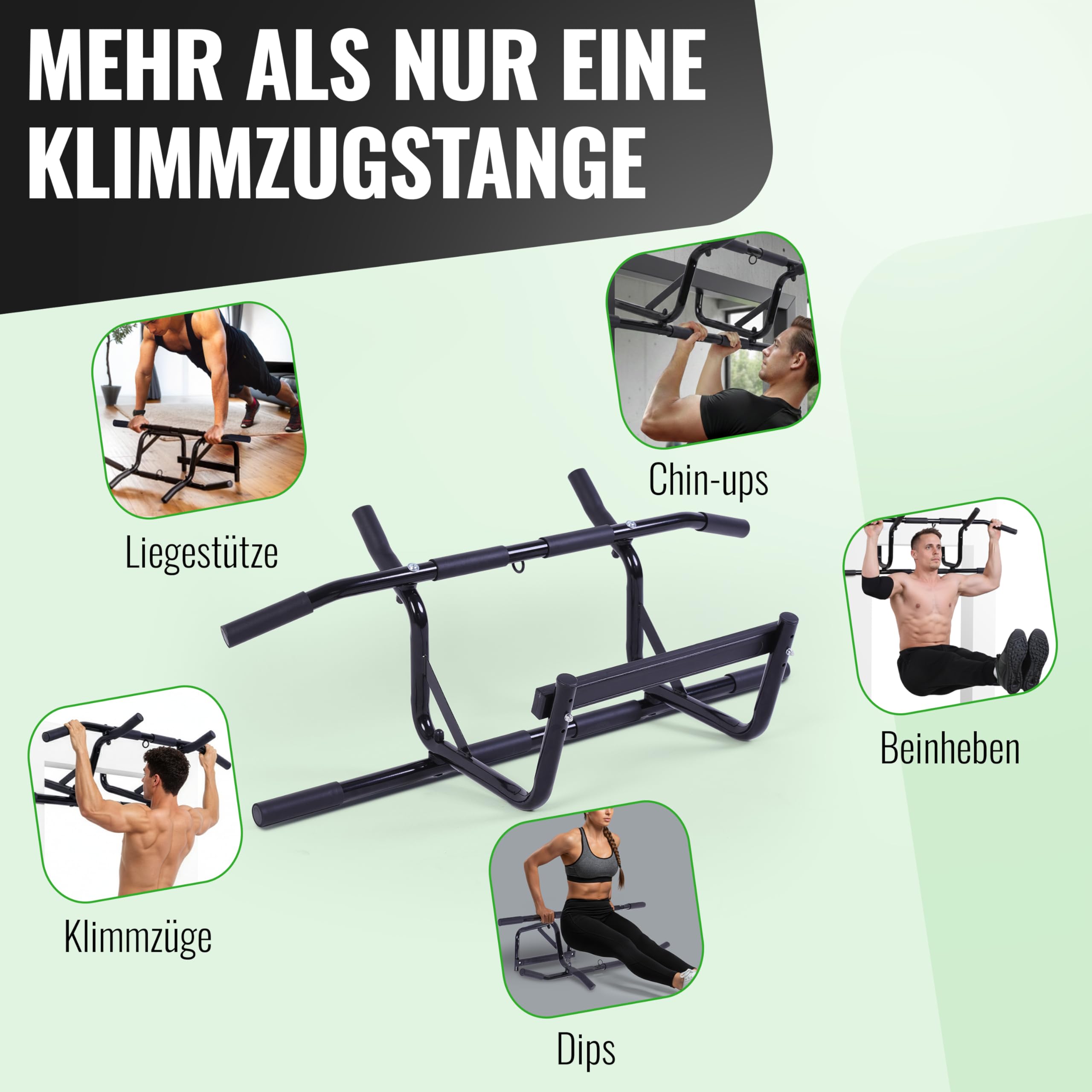 AthleticPro Klimmzugstange für Türrahmen ohne Bohren zum Einhängen – Stabile Pull Up Bar & Türreck [bis 90cm breite Tür] – Für Klimmzüge, Dips & Push-Ups inklusive Klimmzugsband