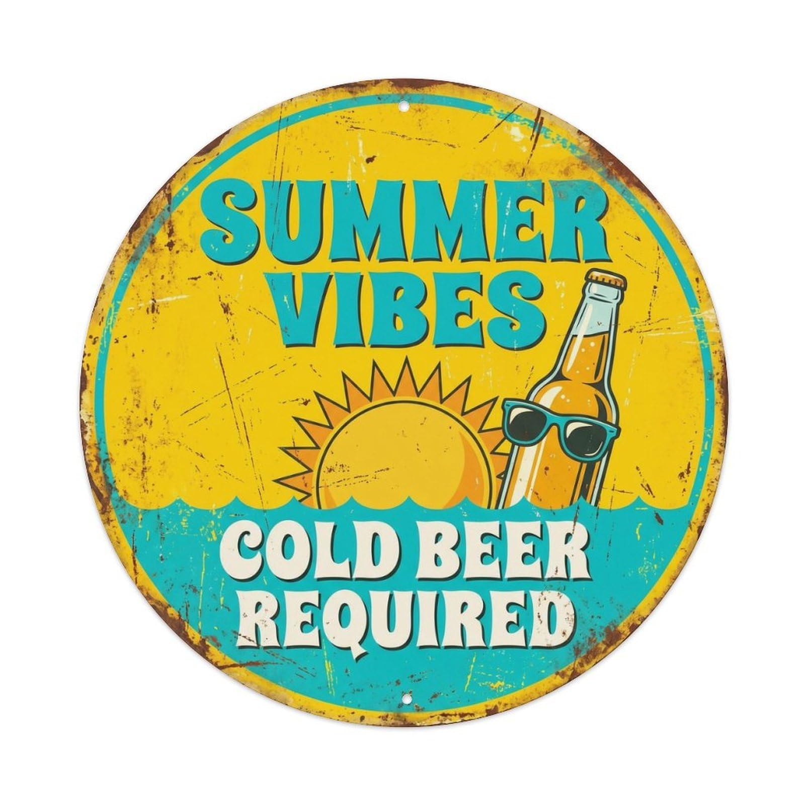 Retro Bar Style Summer Sunny Patio Beer Metal Tin Sign Plaque Wall Decor for Cafe, Club, Garden Round Metal Poster 8x8Inch