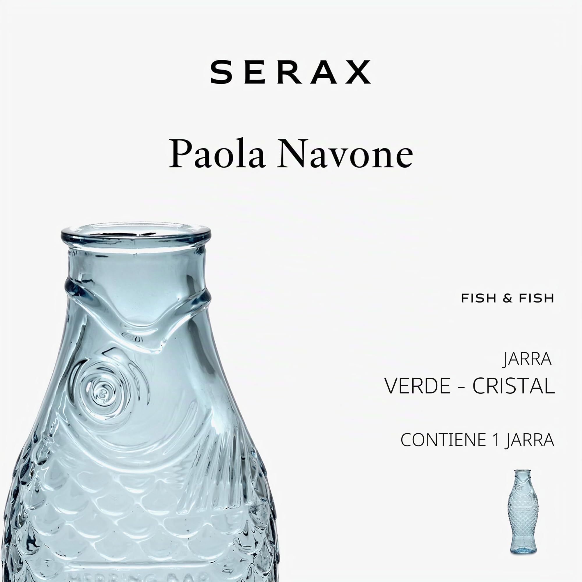 Jarra de vidrio para agua | Colección Fish & Fish de Paola Navone | Jarra 850ml | Botella azul transparente para bebidas | Adecuado como jarrón