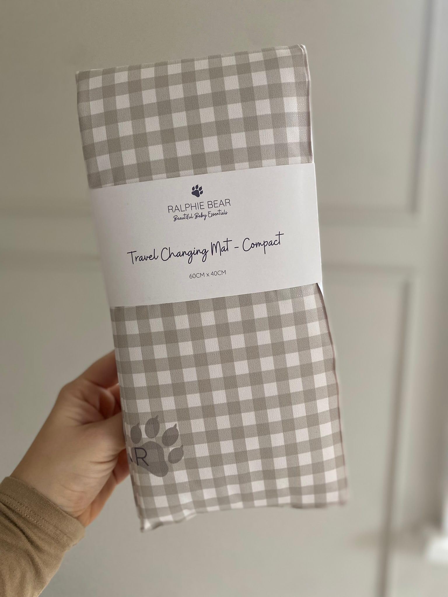 Ralphie Bear Baby Compact Travel Changing Mat, Portable, Folded and Fastened with Popper, Padded for Comfort, Gingham Sage Green Neutral Print, 60x40cm Laid Flat. Folded Size Approx 29x13cm.