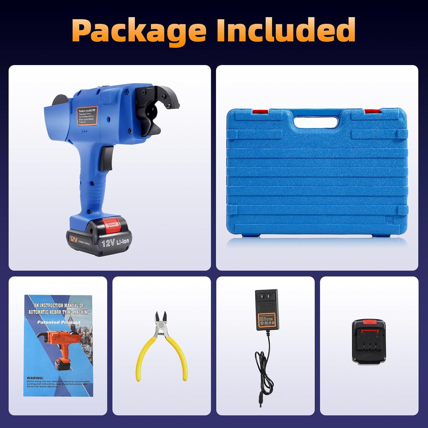 Rebar Tier Gun, 8-34mm Rebar Tying Tool with 2pcs 4500mAh Batteries, Automatic Rebar Tie Gun Rebar Cutter Cordless Rebar Tying Machine for Steel Bar Rod Tying Binding, Blue