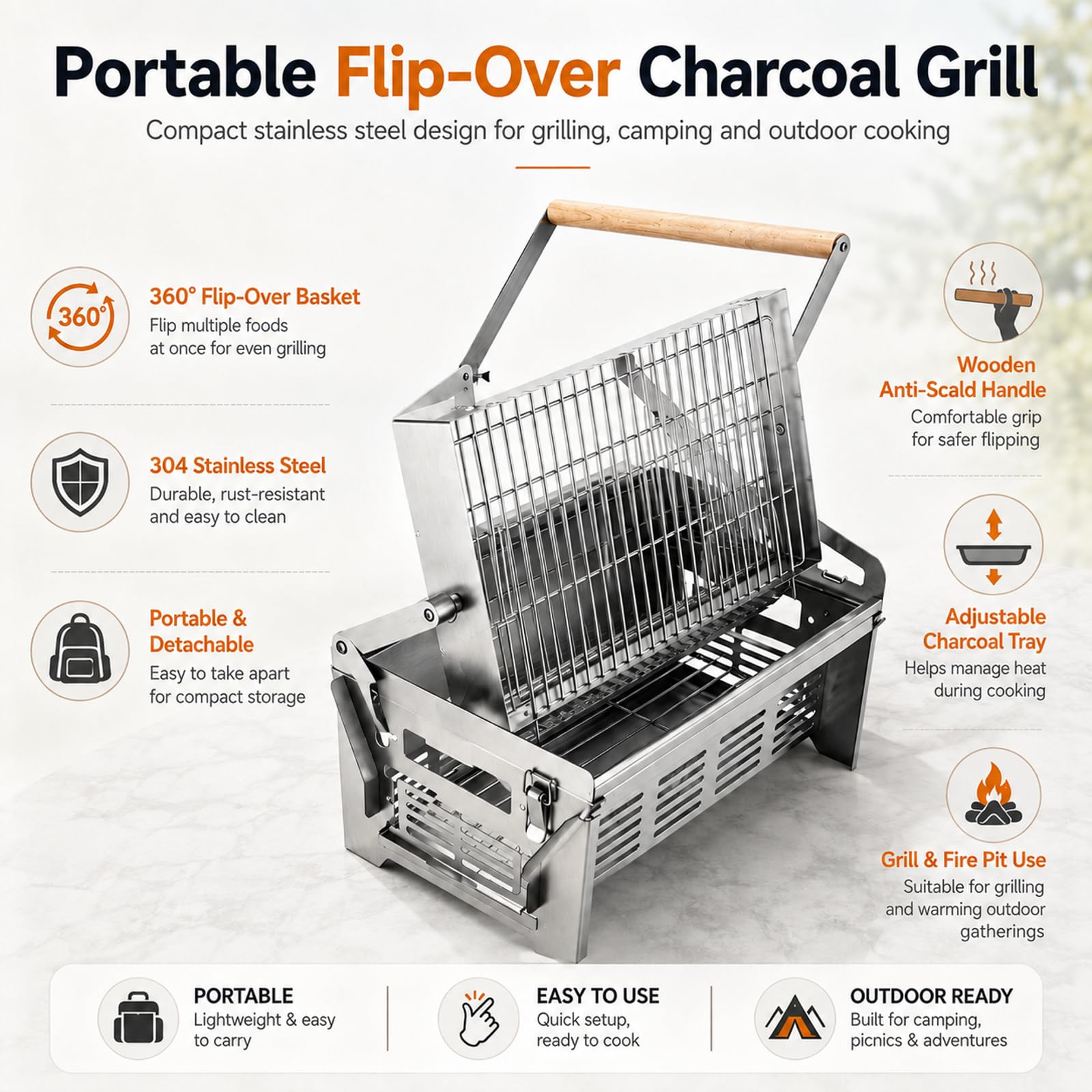 Griglia Pieghevole 360°, Barbecue A Carbone con Cestello Bloccabile | Vaschetta Ventilata, Cottura Uniforme, Pulizia Facile, 39.5×28×39cm, 3.5kg, Per Campeggio, Spiagge, Cortili
