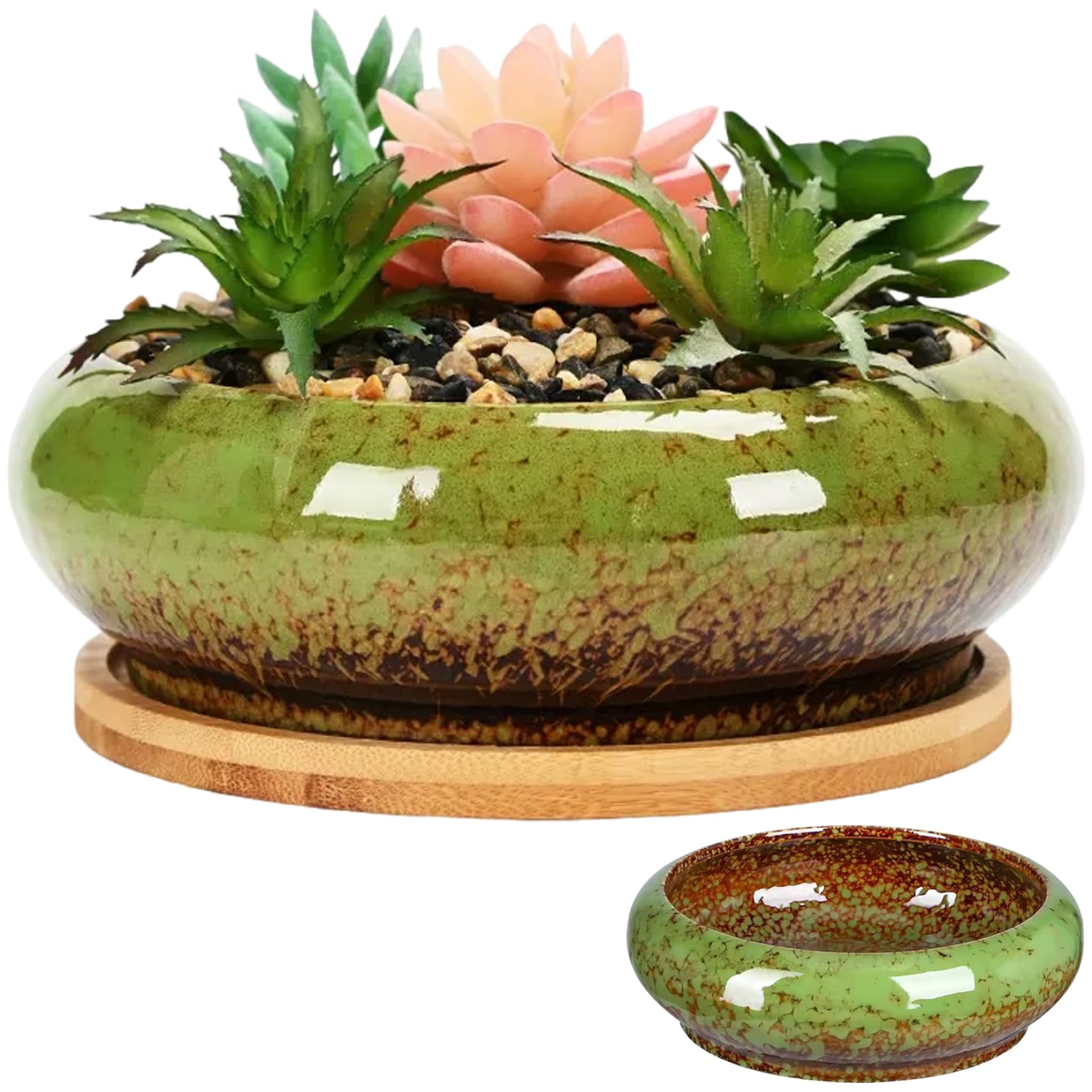 Wedhapy Bowl Planter Lotus Bowl Planter Ceramic Glazed Lotus 7x2in Round Decorative Shallow Hydroponic Without Drain for Water Lily, Green