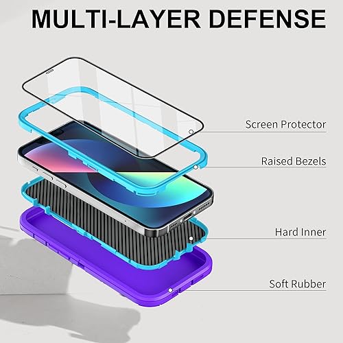 Miniatura 2 de Funda para iPhone 13 con 2 protectores de pantalla, resistente de grado militar para hombres y mujeres (morado y azul)