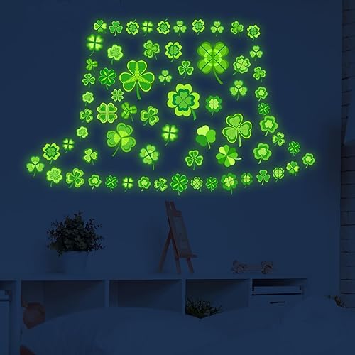 Miniatura 3 de Calcomanías de pared de 33.46 x 23.62 pulgadas que brillan en la oscuridad, calcomanías de pared de tréboles luminosos verdes, calcomanías de pared