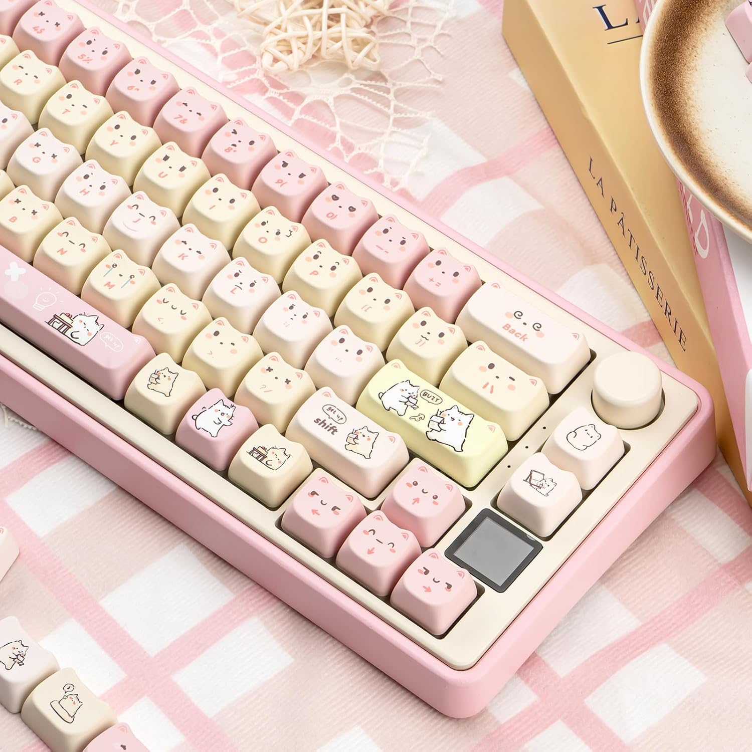 Pink Keycaps 140 Keys Dye Sub Key Cap Mao Profile Cute Cat Keycaps Custom Keyboard Key caps Set Fit for 61/64/87/104/108 Cherry Mx Switches ANSI Layout Alice Keyboard Mechanical Keyboards