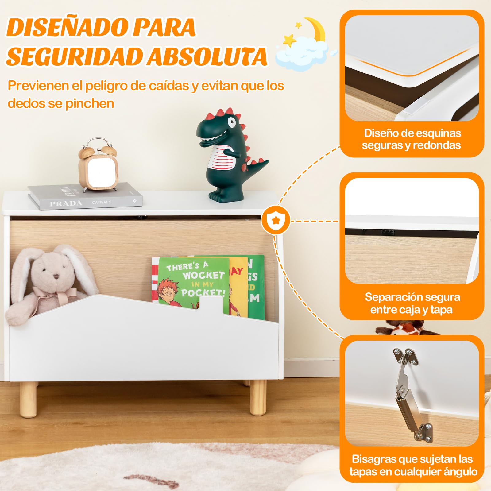 COSTWAY Estantería de Juguetes con Almacenamioneto, Baúl de Juguetes de Madera con Estante Expositor, Librería Infantil con Bisagra de Seguridad, Caja de Juguetes para Niñas y Niños (Blanco)