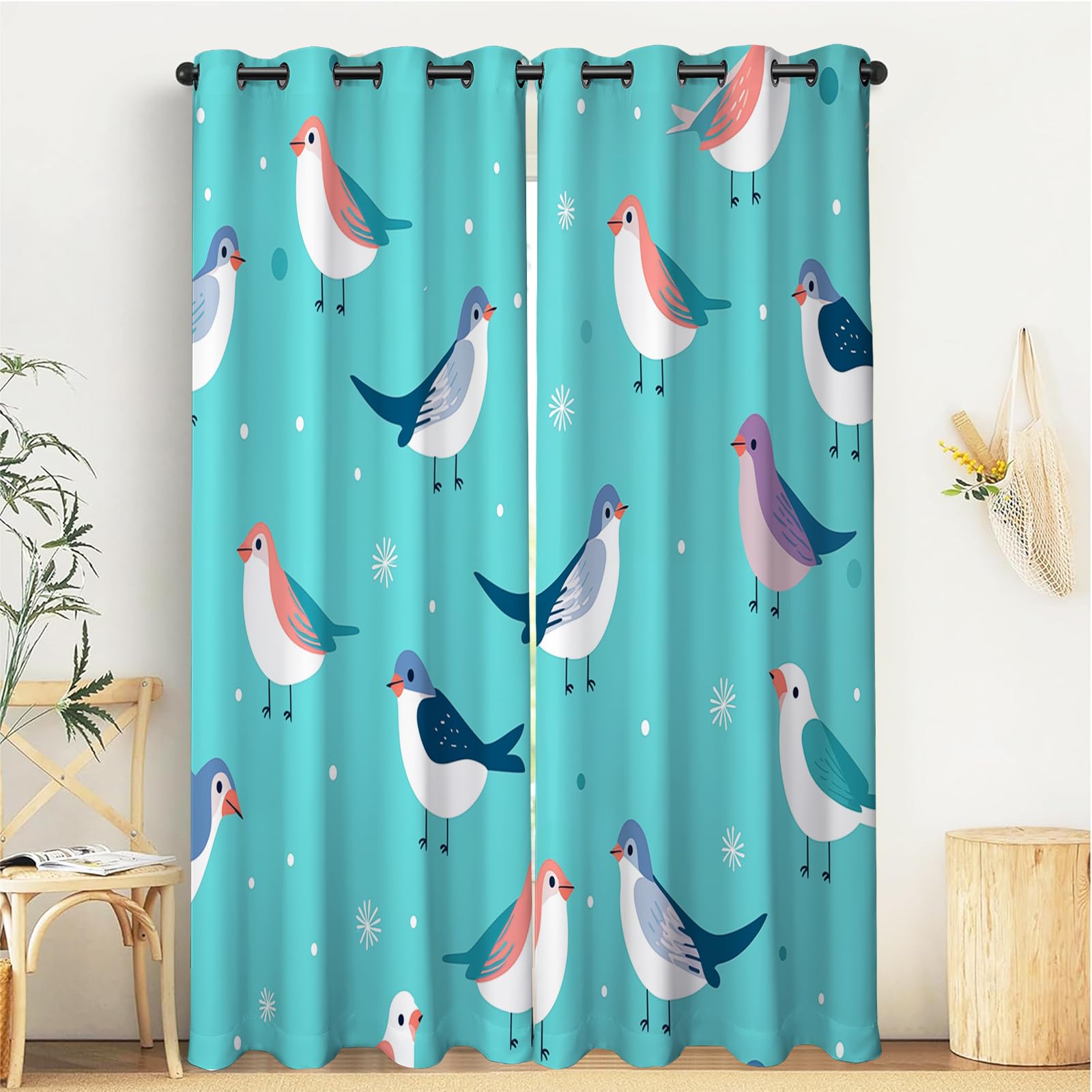 Rideaux thermiques isolants oiseau 3D turquoise bloquent la lumière lot de 2 oeillets