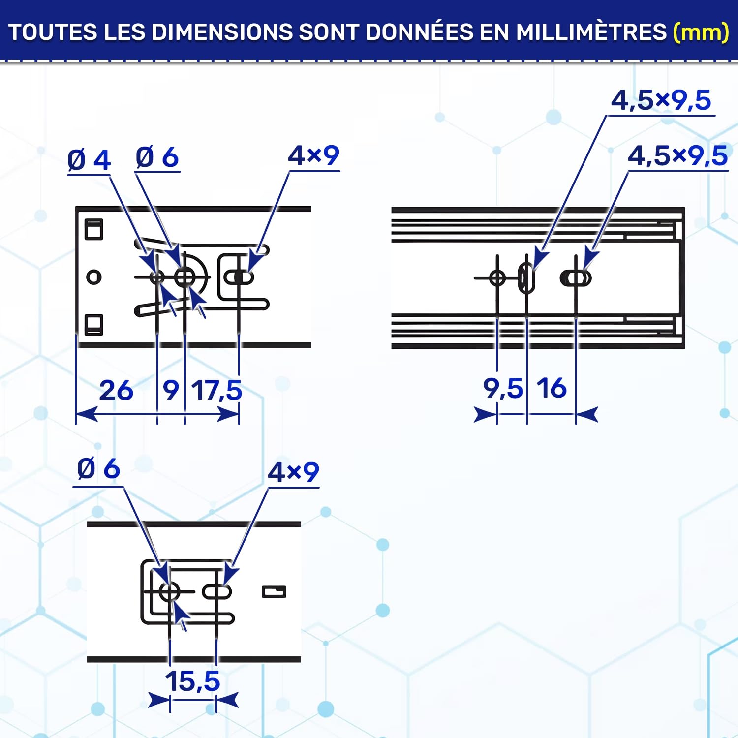 4 Paires Glissiere pour Tiroir sur Roulement à Billes 350x45 mm