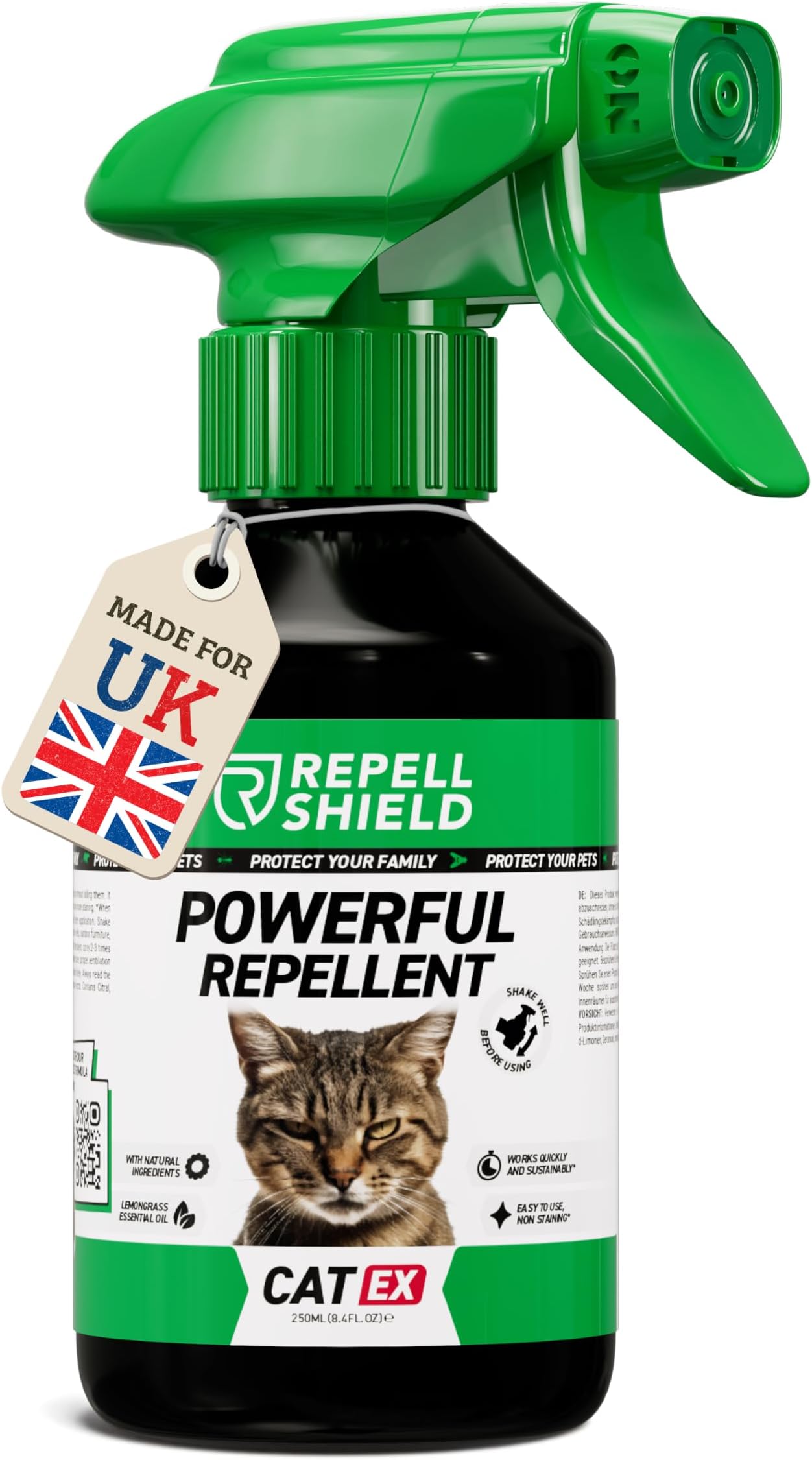 RepellShield Cat Repellent Spray - Natural Citronella Oil, Pet-Safe, Non-Toxic, High Efficiency Animal Control for Homes, Lemon Scented, Versatile Indoors & Outdoors - Responsible Deterrence, 250ml