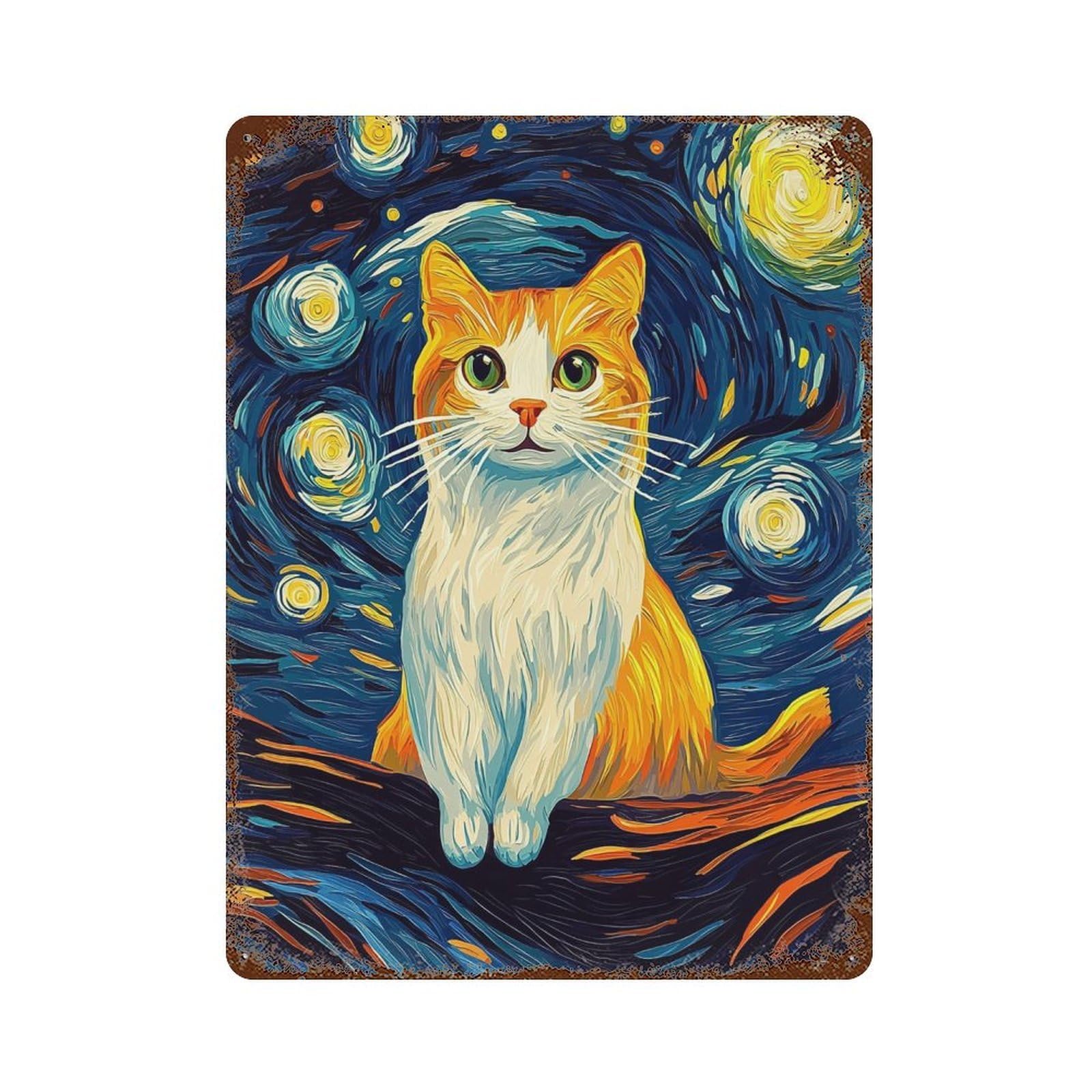 Starry Night Cat Art Print Decorative Tin Sign 15.7"x11.8", for Bistro, Counter And Cafe Decor, Novelty Wall Decor
