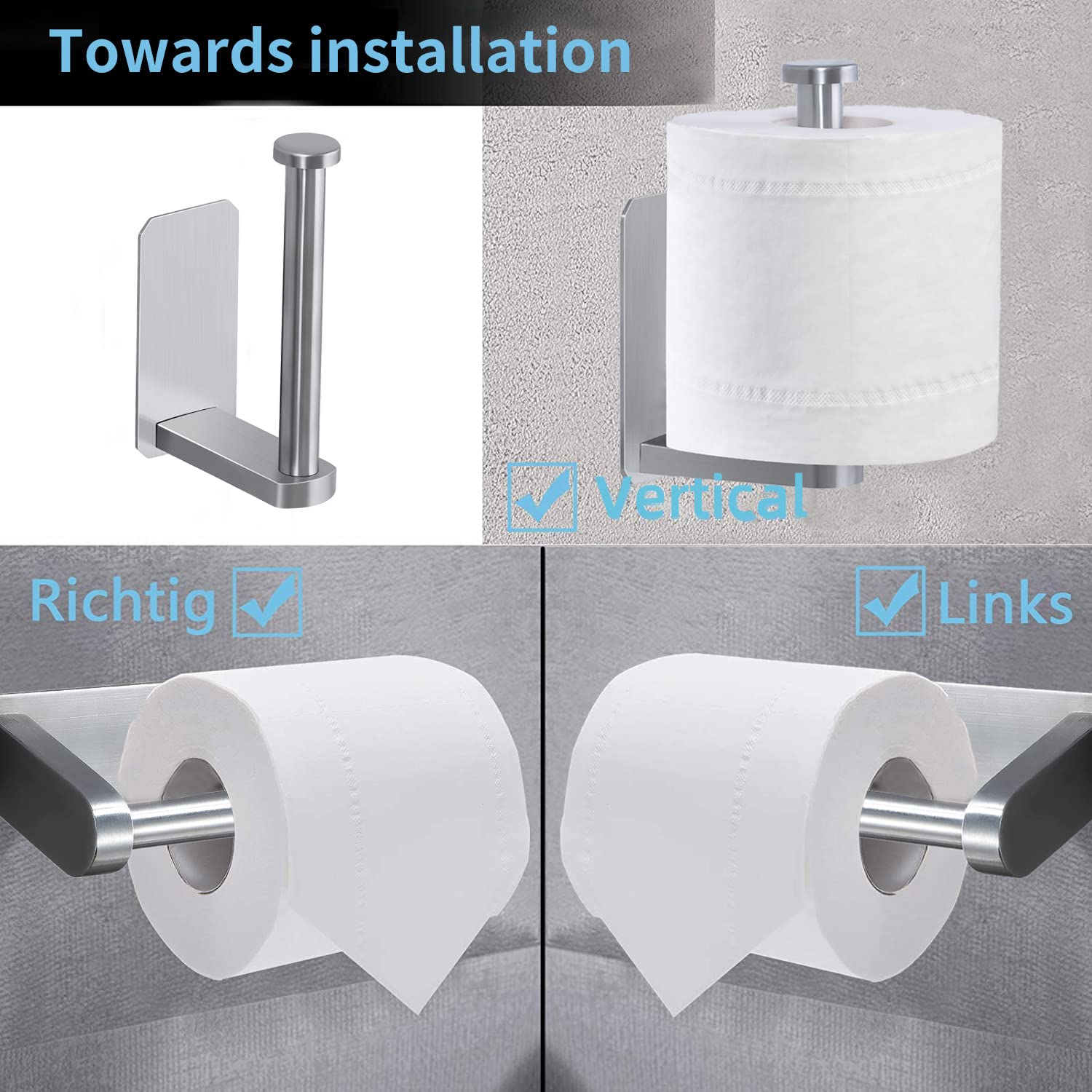 Porta Carta Igienica Senza Fori Autoadesivo - Acciaio Inossidabile Argento Per Bagno E Cucina - Foto 7