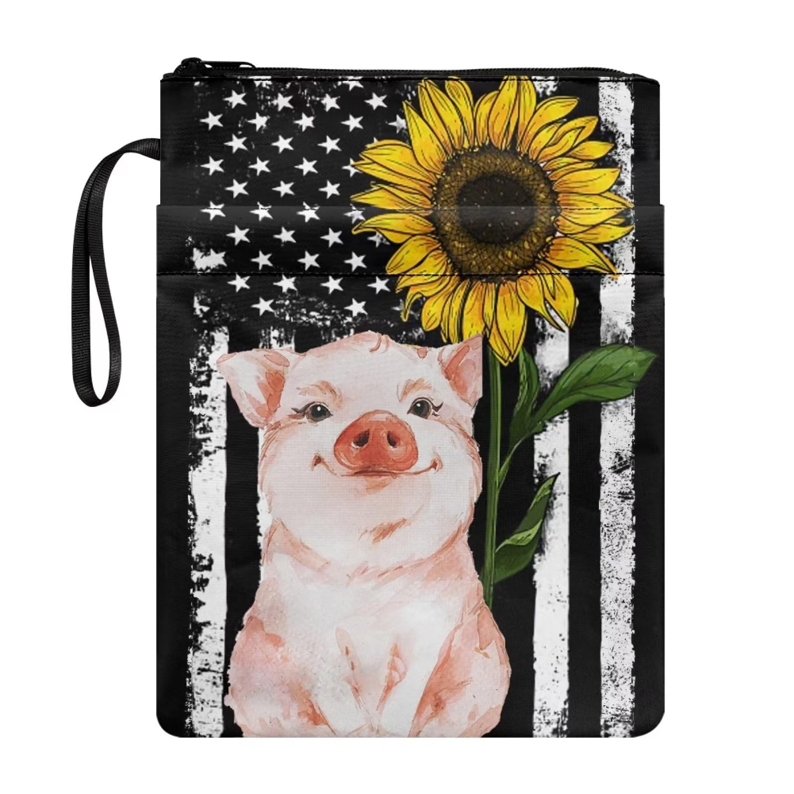Xoenoiee Pig Sunflower US Flag Print Book Sleeve for Book Lovers, Book Covers for Paperbacks, Book Protector Pouch with Zipper, Book Cover for Teacher Students