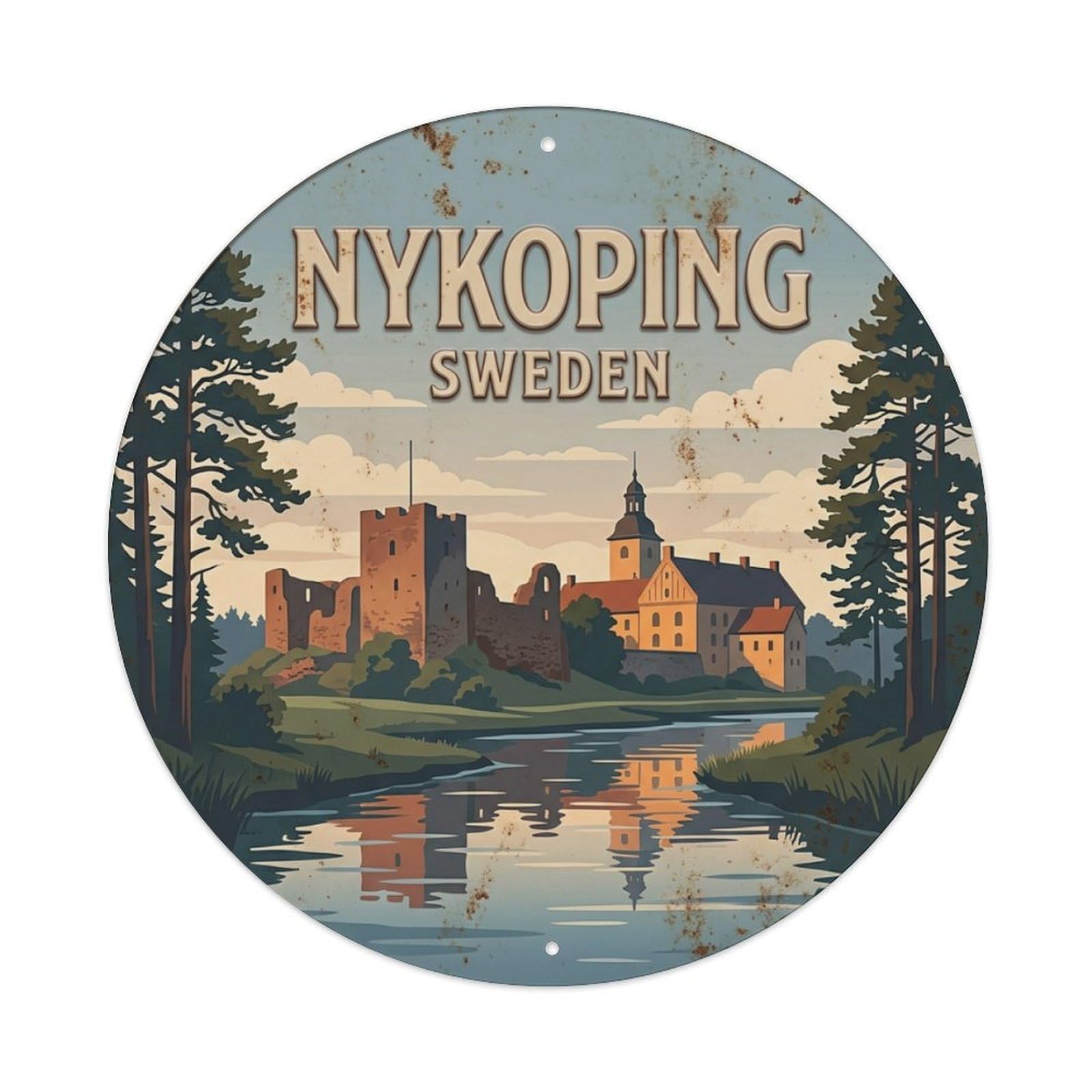 Vintage Travel Nykoping Sweden Castle Metal Tin Sign