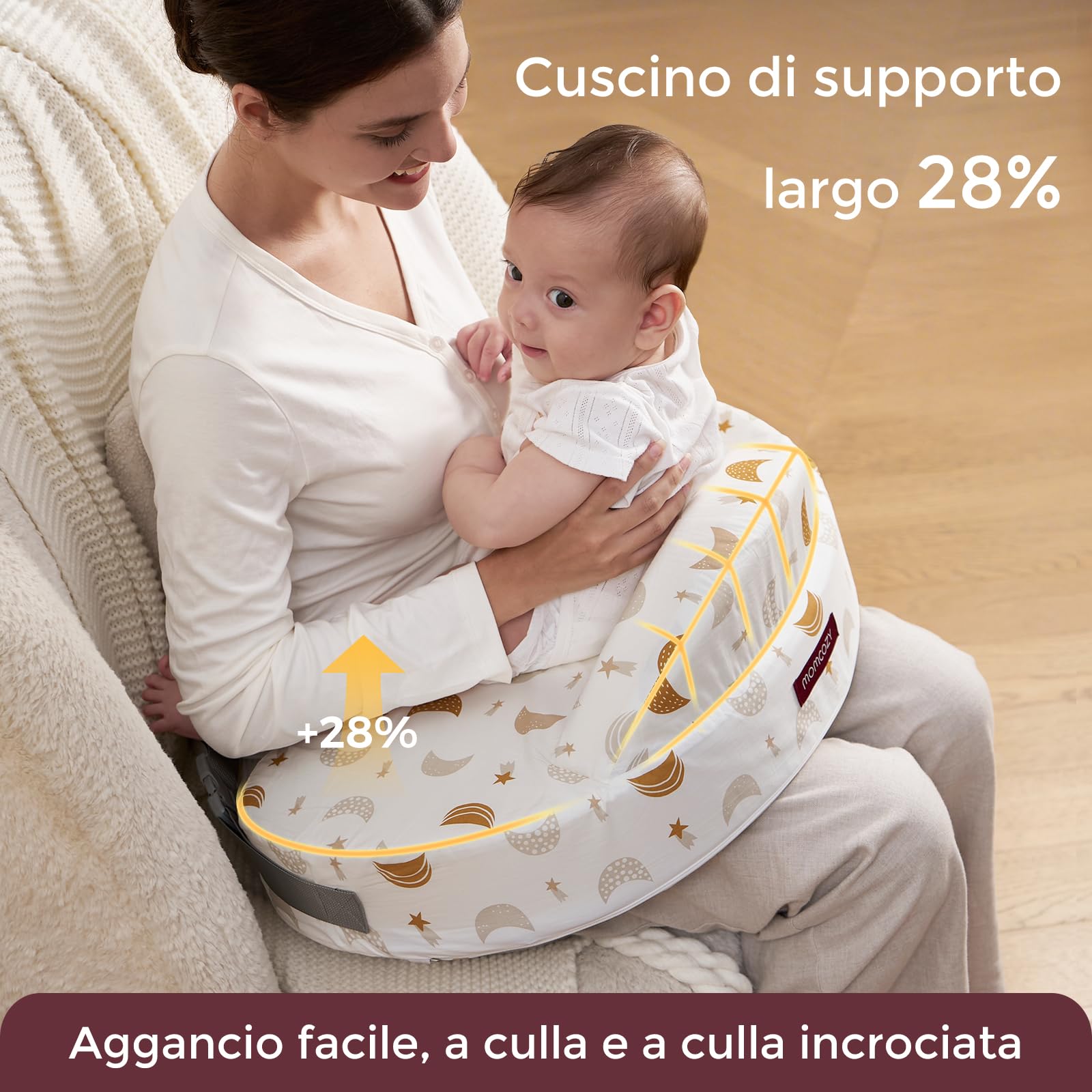 momcozy Cuscino per Allattamento con Sponde di Sicurezza, Memory Foam Ferma ed Elastico, Supporto Ergonomico Stabile, Cuscino Ampio, Fodera Rimovibile e Regolabile，Cielo Stellato