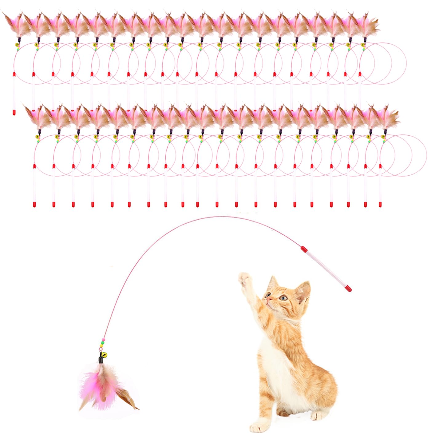 Sanpink 40 Pack Cat Feather Toy Wand, Interactive Pet Kitten Chaser Teaser Wire Wand with Bell Beads for Cat Exercise Play Fun Gifts - Wholesale