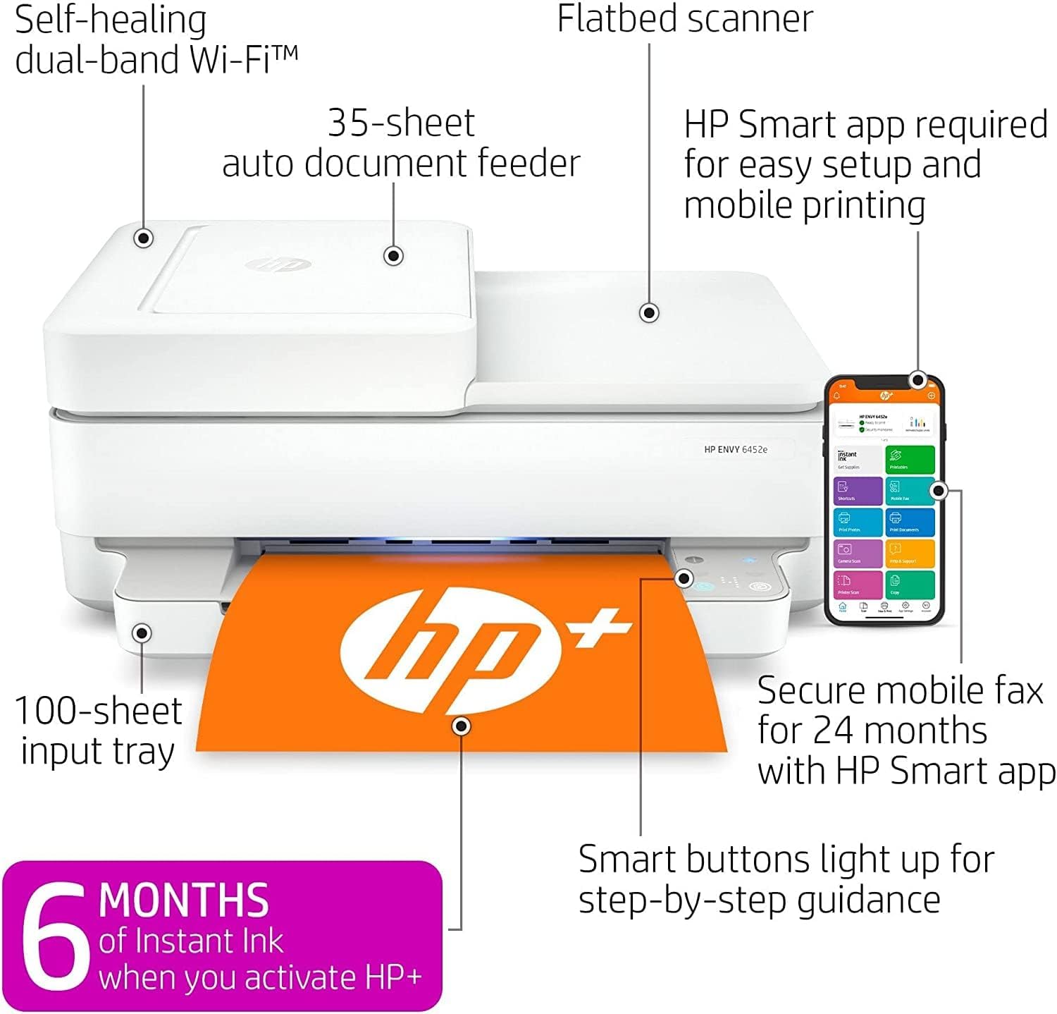 HP Envy 6452e Wireless Inkjet Color All-in-One Printer, Print Copy Scan, 35 Sheet ADF, 2-Side Printing, WiFi USB Connectivity, Instant Ink Ready, Home or Office Inkjet Printers, White (Renewed)