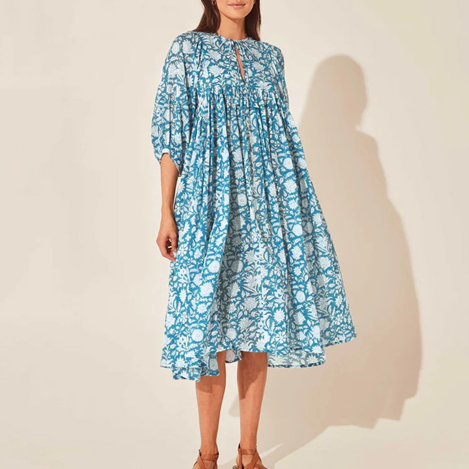 Vestidos Casuales De Verano for Mujer, Vestido Playa Midi Suelto con Mangas Abullonadas Y Estampado Floral, Medio Abierto