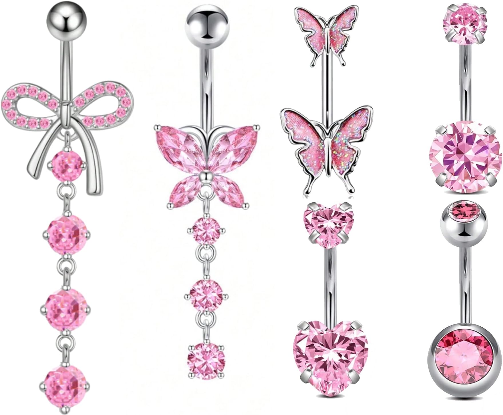 Belly Button Ring Surgical Stainless Steel Belly Button Rings for Women Pink Piercing Jewelry Dangling Belly Ring Pack
