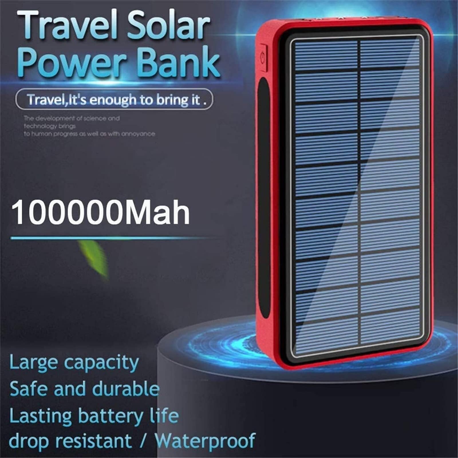Przenośna ładowarka słoneczna 100000 mAh, zewnętrzna bateria do telefonu komórkowego, czerwona