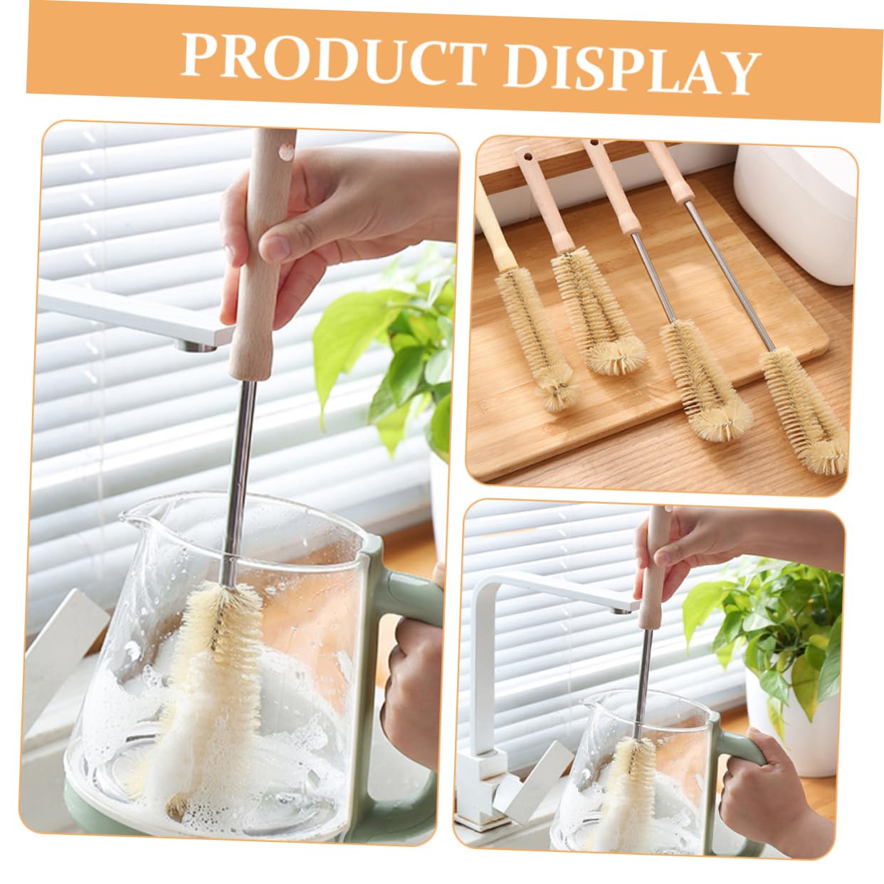 FAVOMOTO 4pcs Bottle Brush Mug Cleaning Brush Wood Long Handle Washing Brush Glass Jar Brush Nylon
