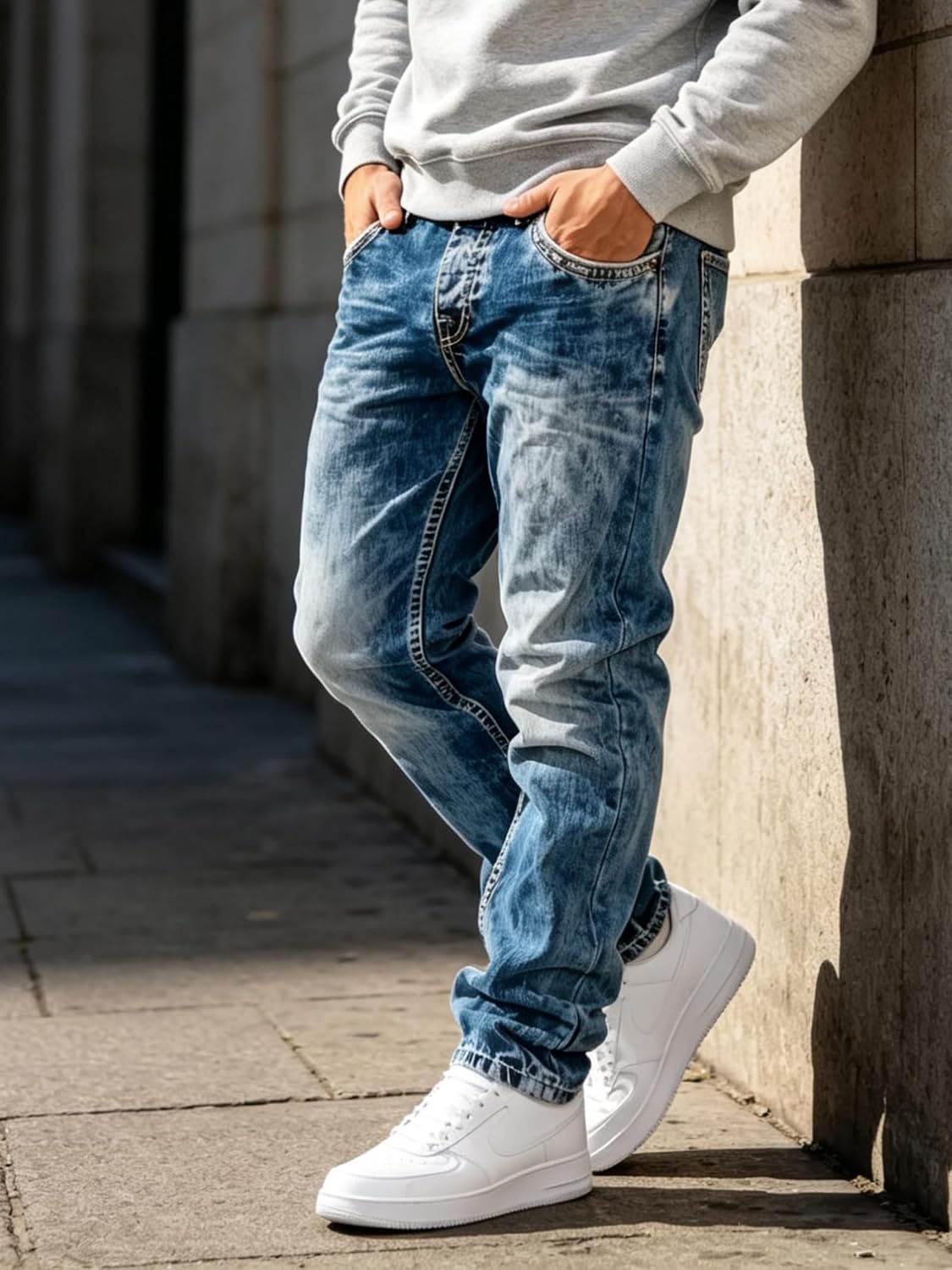 Men's Acid Wash Straight Leg Stacked Jeans, Snowflake Tie Dye Stretch Denim, Y2K Hip Hop Streetwear Baggy Pants