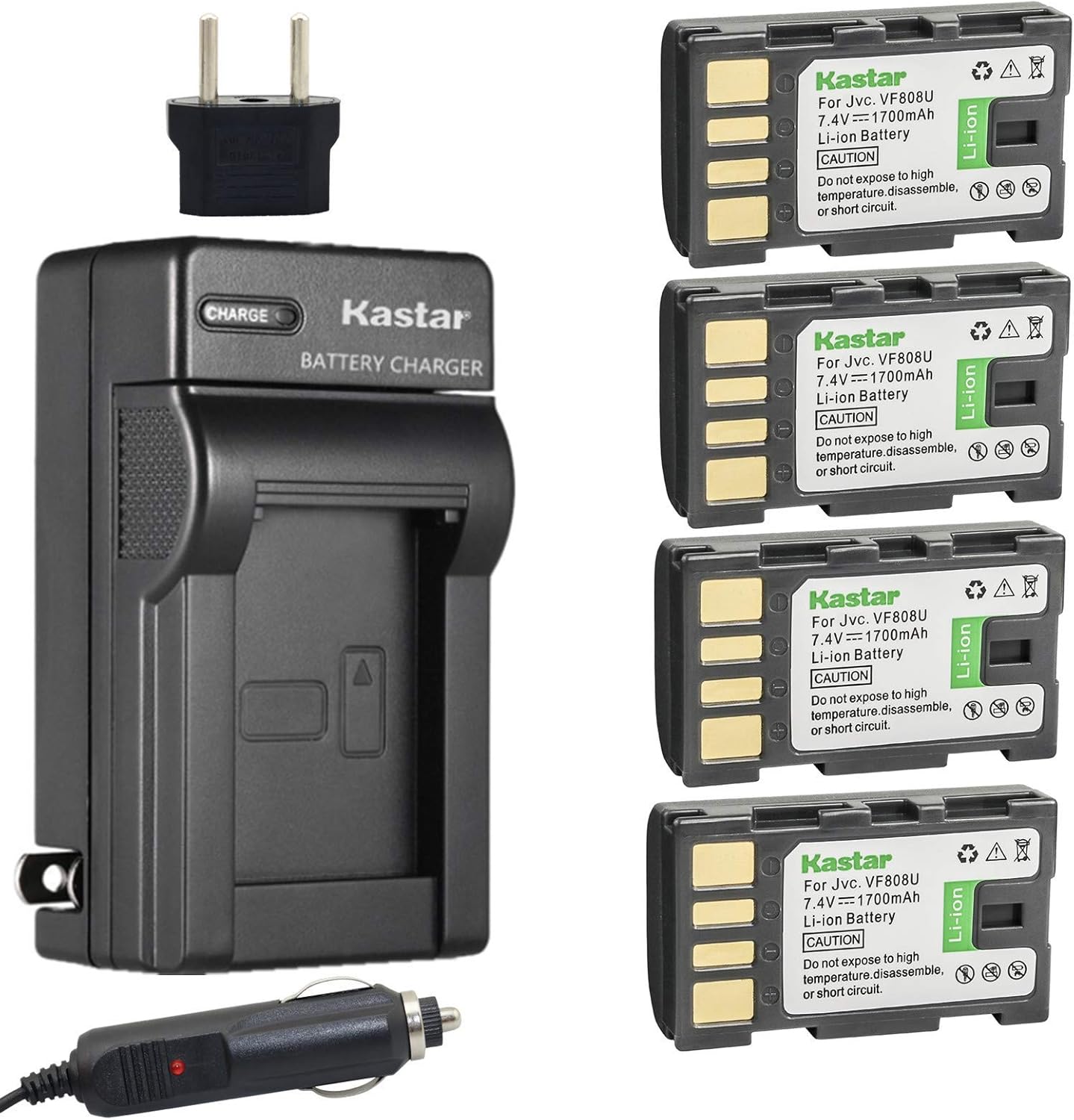 Kastar Battery (4-Pack) and Charger Kit for JVC BN-VF808 BN-VF808U and GR-D771 GR-D775 GR-D790 GR-D793 GR-D796 GR-D850 GR-D851 GR-D853 GR-D870 GR-D875 GR-DA30 GS-TD1 GY-HM70 GY-HM100 GY-HM100U