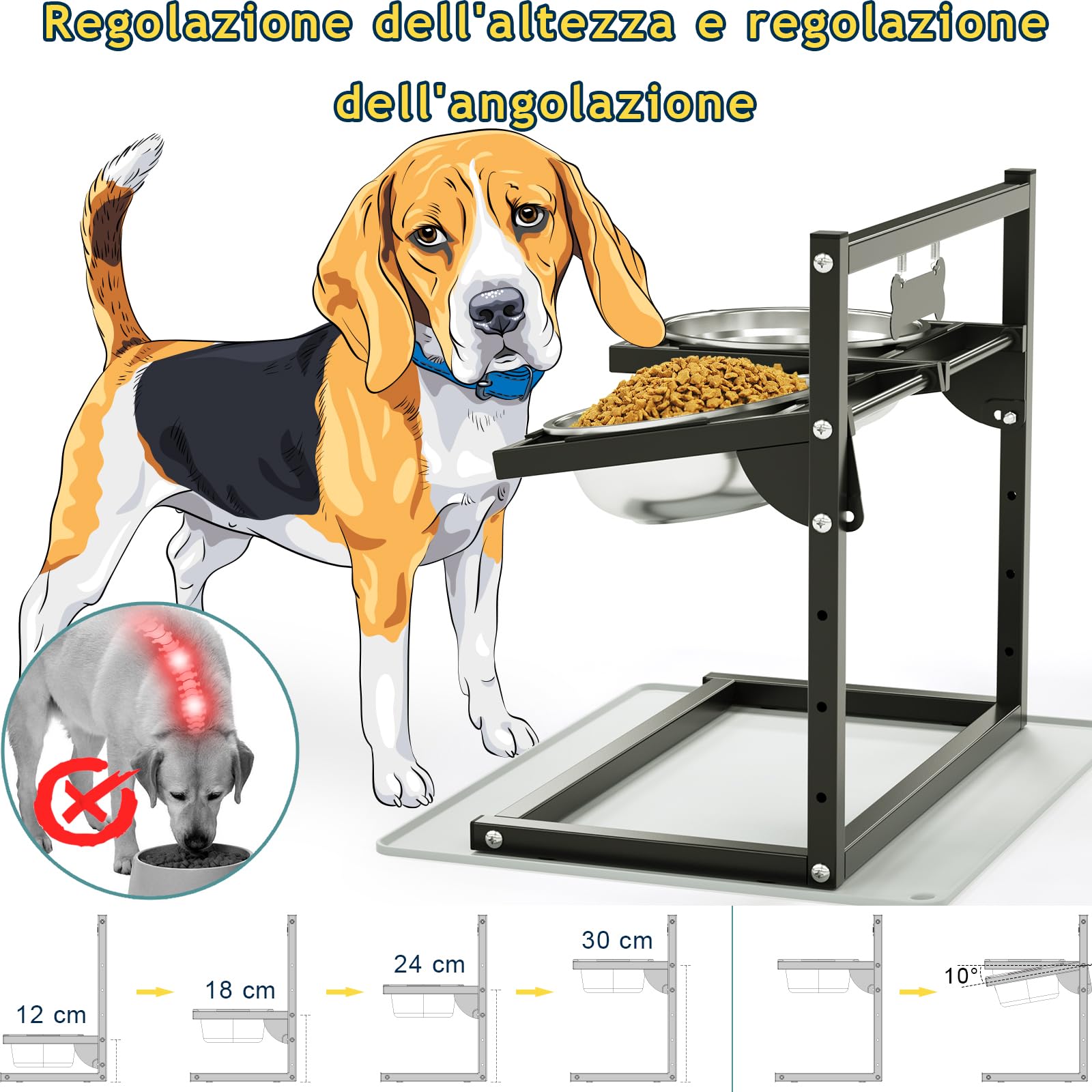 Ciotole Per Cani Rialzate Con Altezza Regolabile Su 4 Livelli E Inclinazione Di 10°, 2 Ciotole In Acciaio Inox (1.5L x 2) E Tappetino Antiscivolo, Adatto a Cani di Taglia Grande, Media e Piccola