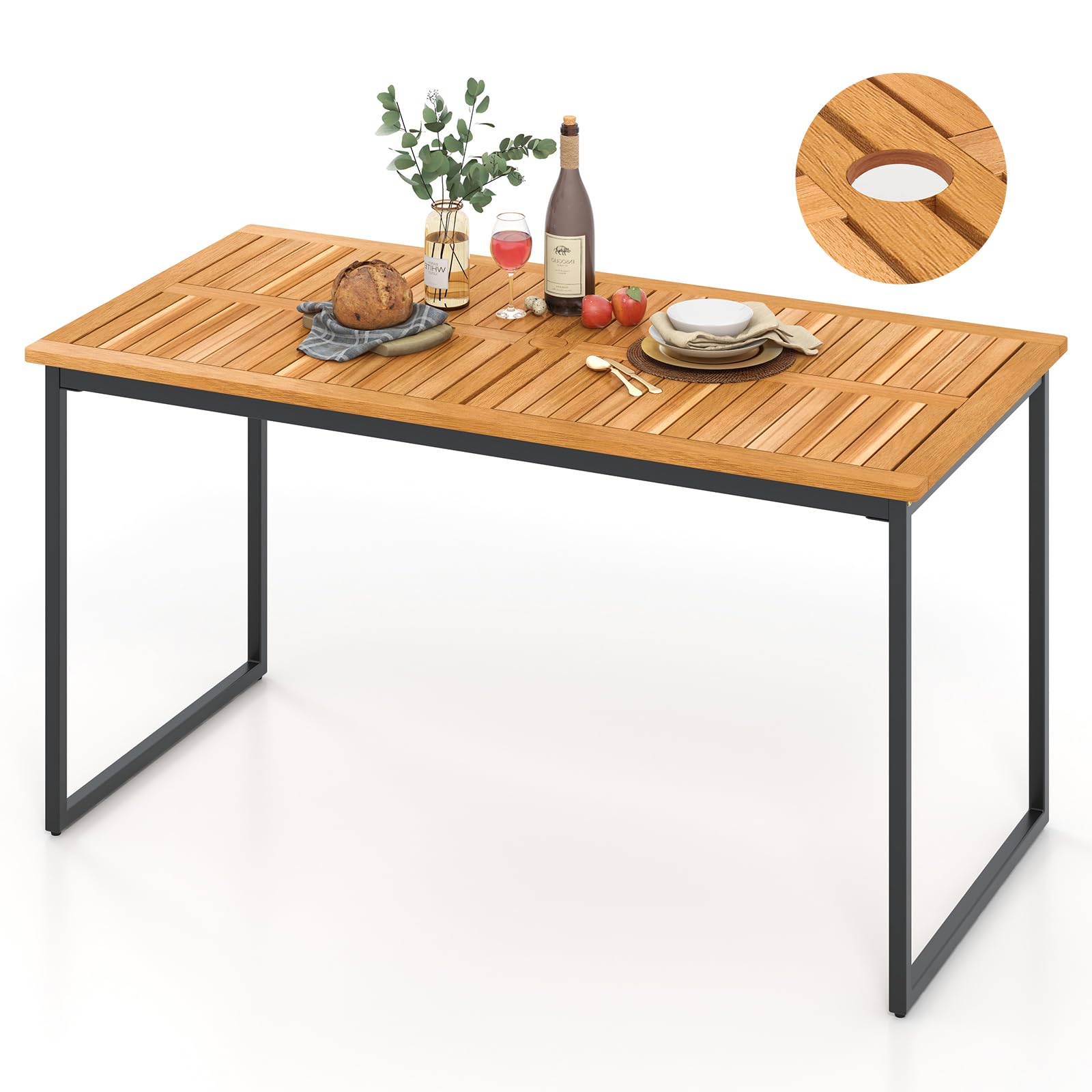 KOMFOTTEU Table à Manger de Jardin avec Trou pour Parasol, Table à Manger en Bois d'acacia pour 6 Personnes, 140 x 70 x 73 cm, Extérieur & Intérieur, Tables de Cour avec Jambes en Métal
