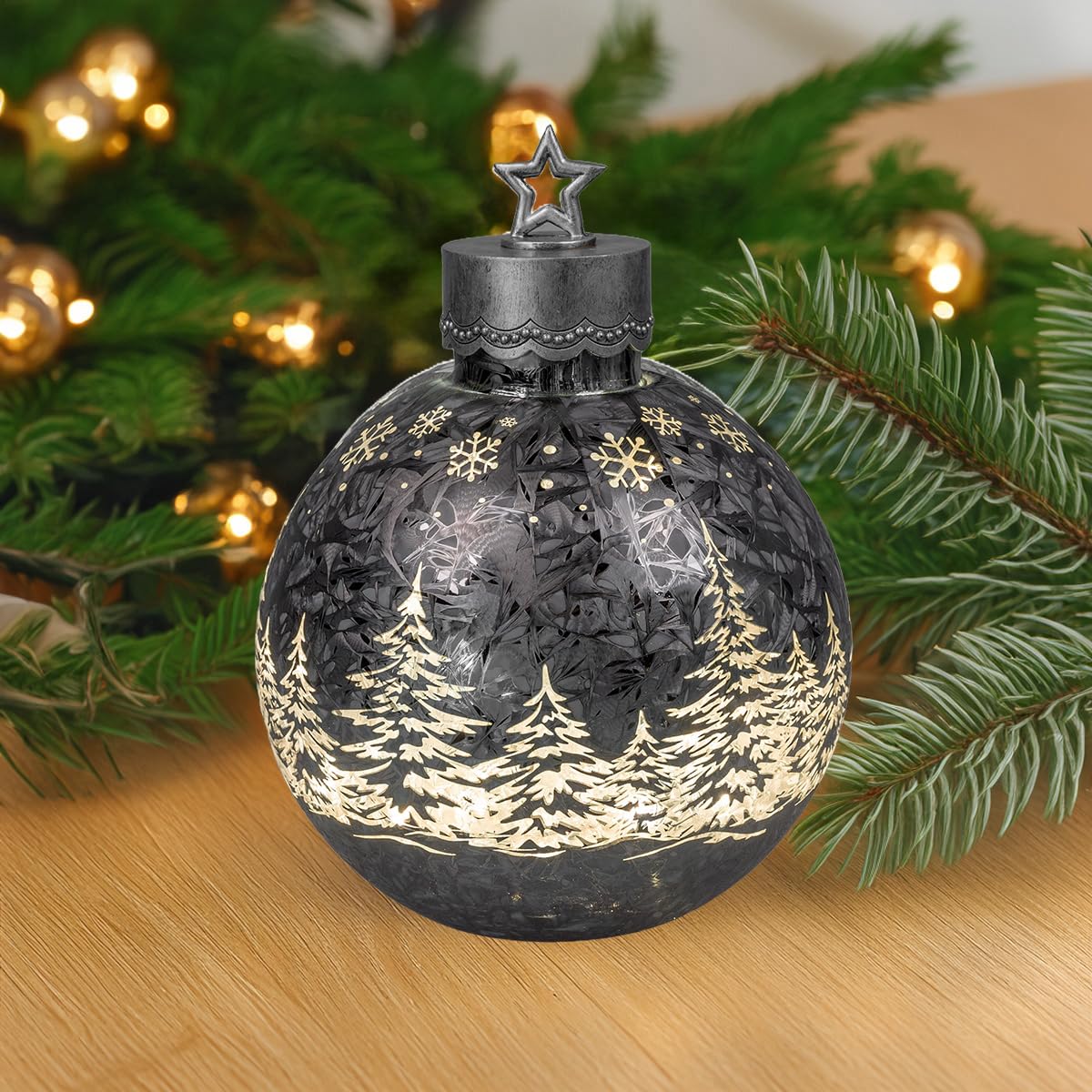 formano Deko-Kugel Frosty grau 35cm mit LED Licht Timer Beleuchtete Glaskugel - Weihnachtsdekoration Tisch Regal Deko-Kugel 6h/18h Timer Weihnachtskugel zum Stellen