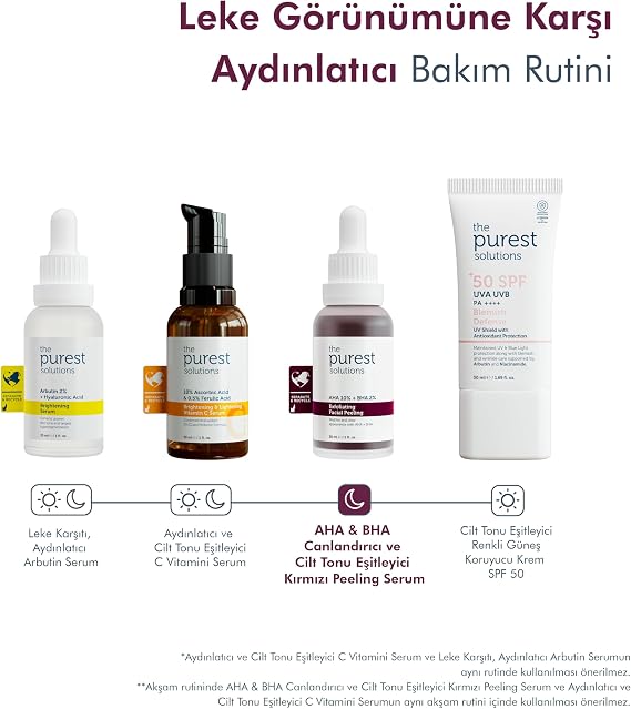 The Purest Solutions, AHA & BHA Canlandırıcı & Cilt Tonu Eşitleyici Kırmızı Peeling Cilt Bakım Serumu 30 ml (Aha 10% + Bha 2%)