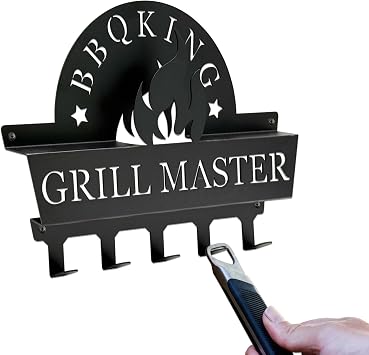 Wall Mount BBQ Tool Holder - Grill Master BBQ Utensil Holder for Outdoor Grill Barbeque Wall Organizer with 5 Hooks, Metal BBQ Accessorie Hanger for Backyard Patio & Porch, Men Cave Fathers Day Gift