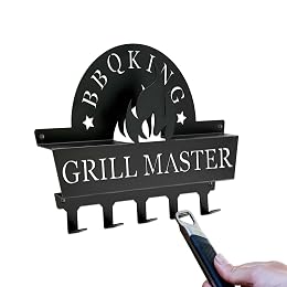 Wall Mount BBQ Tool Holder - Grill Master BBQ Utensil Holder for Outdoor Grill Barbeque Wall Organizer with 5 Hooks, Metal BBQ Accessorie Hanger for Backyard Patio & Porch, Men Cave Father’s Day Gift