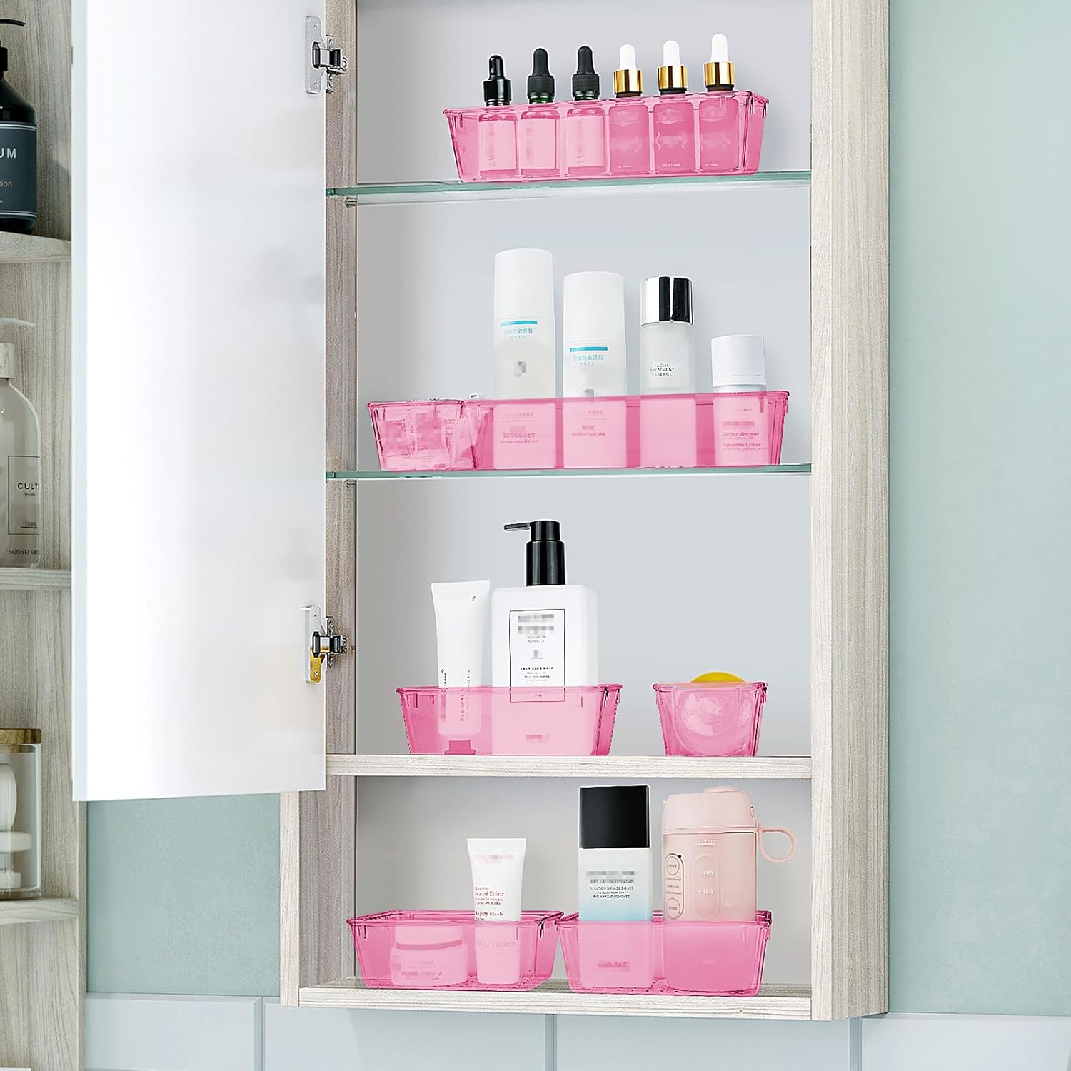 WOWBOX 25 PCS Plastic Drawer Organizer Set, 4 Sizes Desk Drawer Divider Organizers and Storage Bins for Makeup, Jewelry, Gadgets for Kitchen, Bedroom, Bathroom, Office, Clear Pink - Image 6