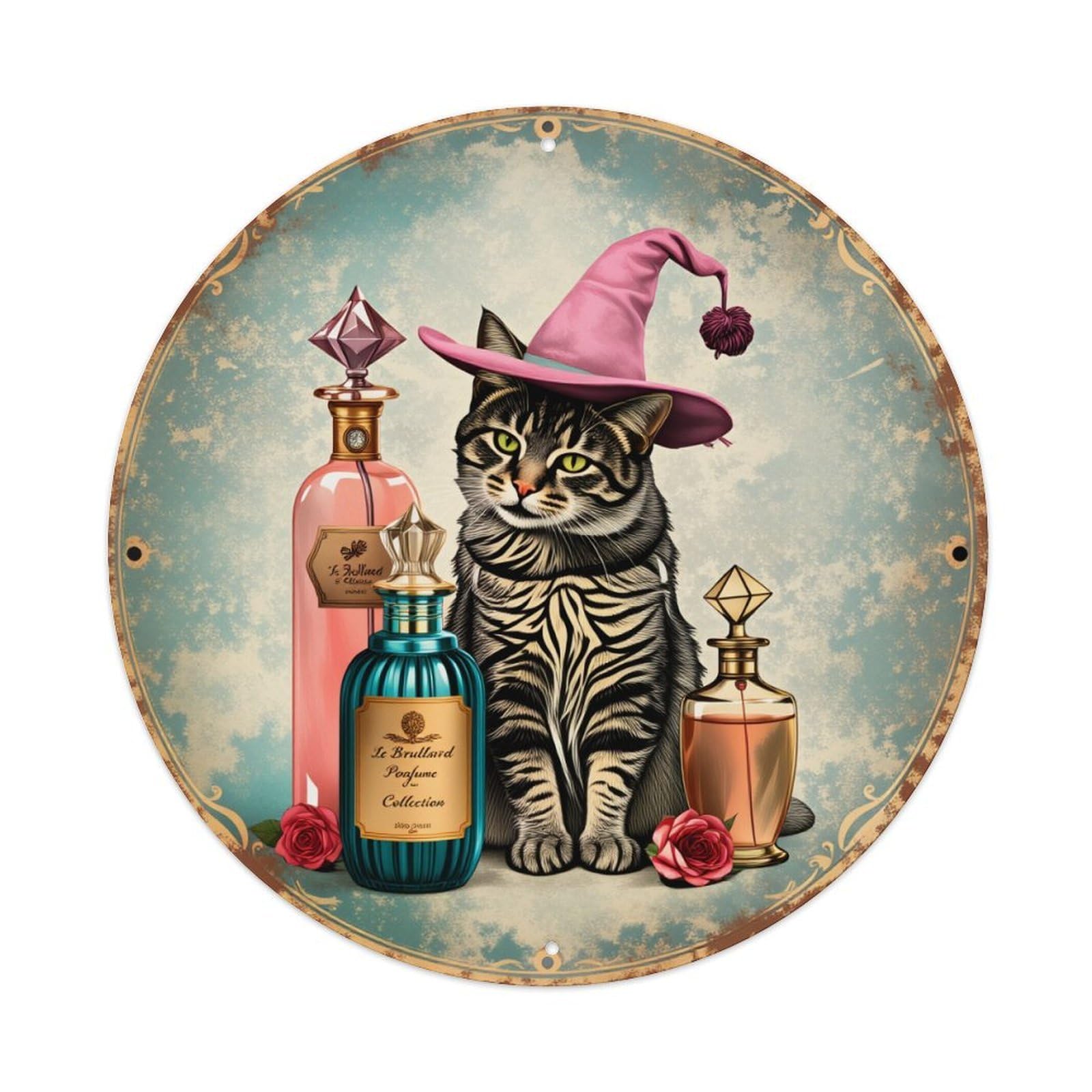 Cat Witch Perfume Bottles Roses Vintage Metal Tin Sign Retro Wall Decor for Home Bar Garage Cafe, Indoor & Outdoor Decorative，circle Metal Poster, 8x8 Inch