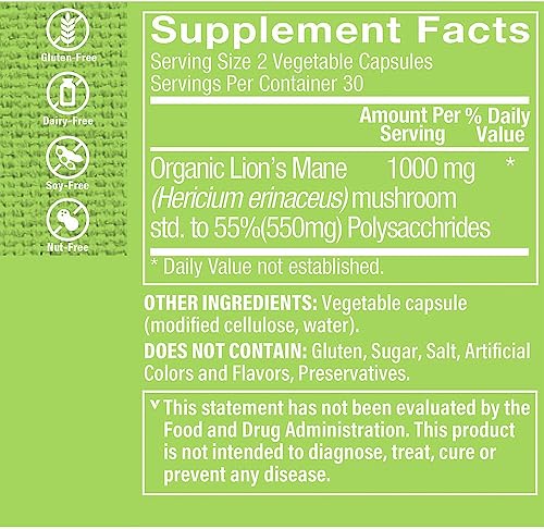 Miniatura 2 de The Vitamin Shoppe Lion's Mane - Fórmula de hongos nootrópicos para el cerebro y el apoyo nervioso - 1,000 mg (60 cápsulas vegetales)