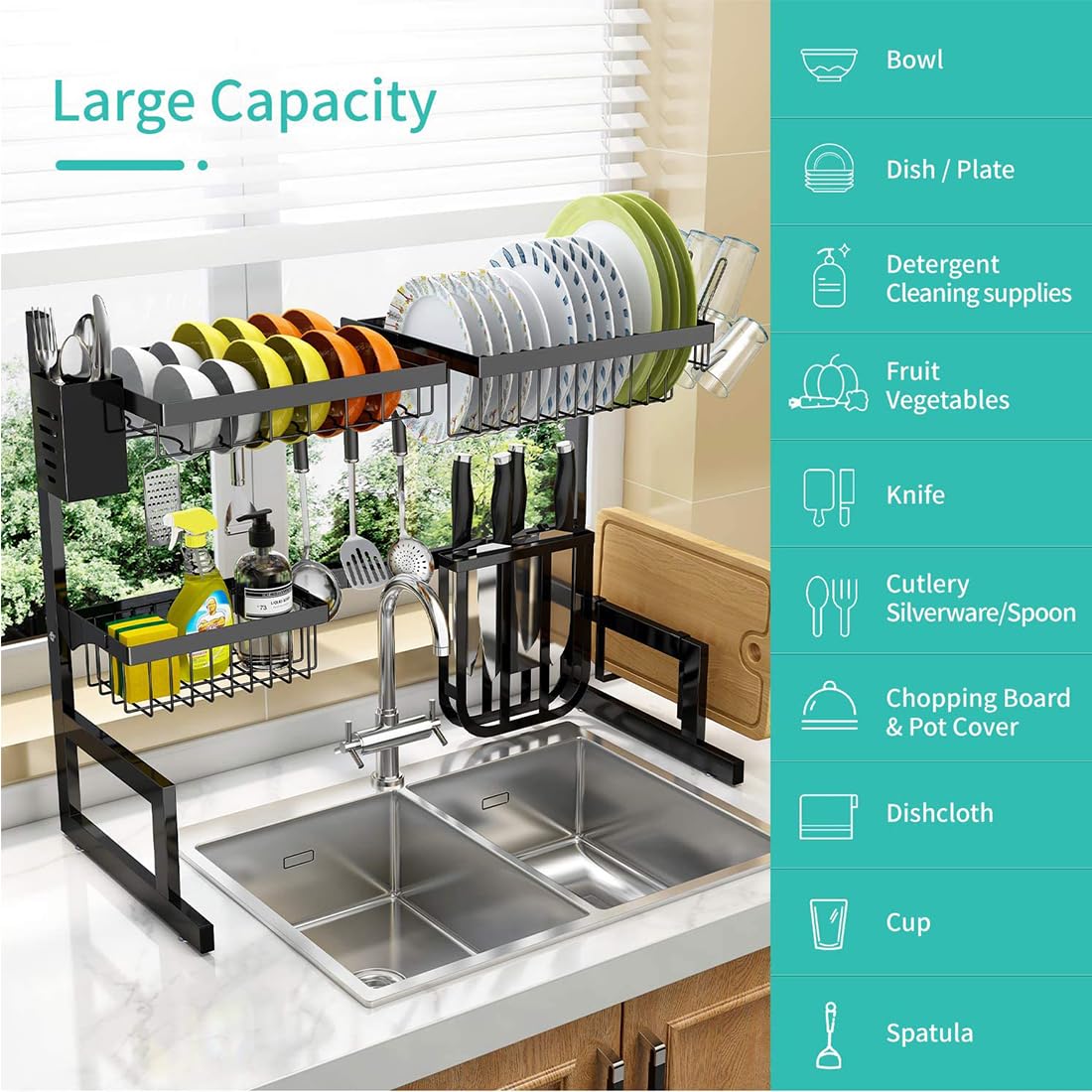 AKTJHS Eimolife Over Sink Dish Drying Rack, 2-Tier Adjustable, Stainless Steel Kitchen Counter Organizer with Hooks, Black