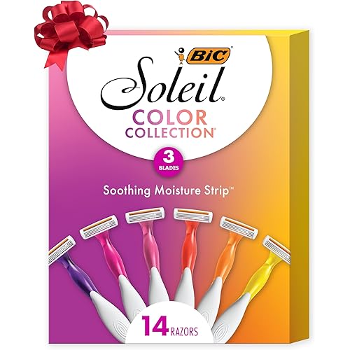 BIC Soleil 3 Colors Women's Disposable with 3 Blade Razors, Aloe Vera and Vitamin E Lubricating Strip for Enhanced Glide, 14-Pack, Stocking Stuffers for Women
